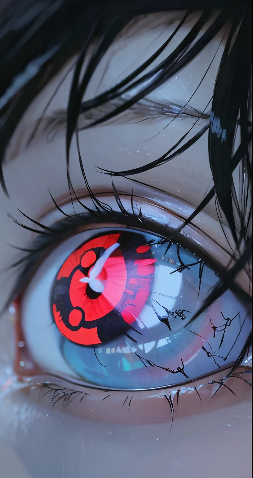 A boy with red eyes, black hair, innocent, tears streaming down his face.