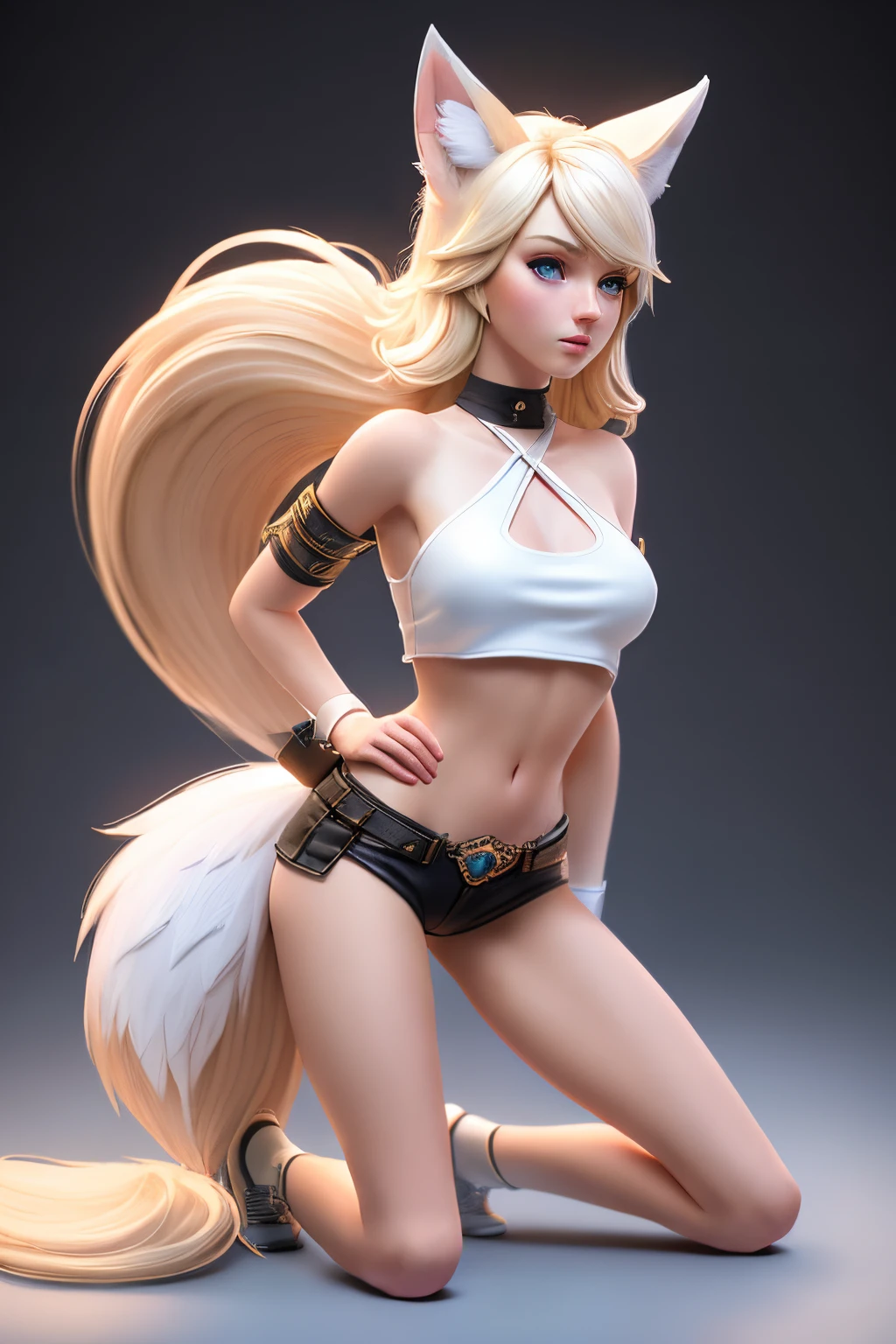 close up 1girl in, teenager, Solo, Aesthetic artwork, blond, straight blonde hair, super long blonde hair, light blue eyes, some small freckles, pale skin, small breasts, runners body, (thin hips, thin waist: 1.25), detailed skin, neutral face, parted lips, (action shot, crouching:1.3), wearing a choker with a bell, wearing leather halter top and short shorts, (white fox ear, white fox tail:1.25), (full body: 1.1), very detailed city roof background, rooftop, overlooking ancient Greek city, 24mm, 4k textures, soft cinematic light, RAW intricate, elegant, highly detailed, sharp focus, ((((cinematic look)))), soothing tones, insane details, intricate details, hyperdetailed, low contrast, soft cinematic light, dim colors, exposure blend, hdr, faded