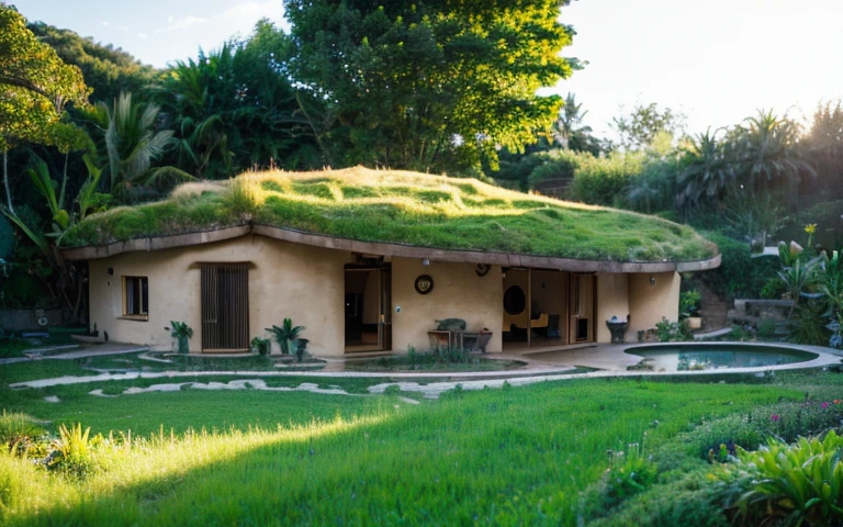 A photograph of a symmetrical contemporary house with (((one waved green roof))) and (((biological pool))) in a tropical backyard, mustard yellow terracota plaster walls (((rustic clay stucco))), ((corner walls rounded)), ((rustic clay plaster)), (((terracotta walls with rounded corners, organic curves))), (((rustic earth plaster, mud))), (((wave-shaped green roof with wooden edge))), (((wooden roof structure, wooden rake, wooden fascia board))), eaves, porch with wooden pillar, ((roof with wooden structure)), In Bali (((Tropical garden))), ((natural houses, organic buildings, organic architecture)), Ecovillage, sustainable architecture, Bioconstruction architecture, solarpunk architecture, (((grass roof, green roof, green wave roof, rounded roof, vegetated roofs))), ((green architecture)), Passive house, (((Rock Foundation))), Clear sky in the background, painful beauty, modern, imposing, green house, ((Bali hobbit Hadid Style)), super resolution, cinematic, color grading, editorial photography, photography, photo shoot, (((dramatic front eye top angle view))), O 50mm, depth of field, intricate details, natural colors, sharp focus, warm light, shutter speed 1/1000, F/22, White Balance, Ray Trace Reflections, Lumen Reflections, Screen Space Reflections, Diffraction Rating, Chromatic Aberration, GB Shift, Partial Lighting, Backlighting, Daylighting, Scan Lines, ambient occlusion, antialiasing, shaders, OpenGL-Shaders, GLSL-Shaders, Post-processing, post-production, shading, tone mapping, incredibly detailed and complex, hypermaximalist, elegant, hyperrealistic, super detailed, dynamic pose, Fujifilm XT