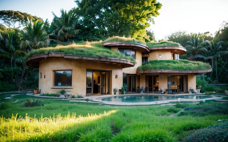A photograph of a symmetrical contemporary house with (((one waved green roof))) and (((biological pool))) in a tropical backyard, mustard yellow terracota plaster walls (((rustic clay stucco))), ((corner walls rounded)), ((rustic clay plaster)), (((terracotta walls with rounded corners, organic curves))), (((rustic earth plaster, mud))), (((wave-shaped green roof with wooden edge))), (((wooden roof structure, wooden rake, wooden fascia board))), eaves, porch with wooden pillar, ((roof with wooden structure)), In Bali (((Tropical garden))), ((natural houses, organic buildings, organic architecture)), Ecovillage, sustainable architecture, Bioconstruction architecture, solarpunk architecture, (((grass roof, green roof, green wave roof, rounded roof, vegetated roofs))), ((green architecture)), Passive house, (((Rock Foundation))), Clear sky in the background, painful beauty, modern, imposing, green house, ((Bali hobbit Hadid Style)), super resolution, cinematic, color grading, editorial photography, photography, photo shoot, (((dramatic front eye top angle view))), O 50mm, depth of field, intricate details, natural colors, sharp focus, warm light, shutter speed 1/1000, F/22, White Balance, Ray Trace Reflections, Lumen Reflections, Screen Space Reflections, Diffraction Rating, Chromatic Aberration, GB Shift, Partial Lighting, Backlighting, Daylighting, Scan Lines, ambient occlusion, antialiasing, shaders, OpenGL-Shaders, GLSL-Shaders, Post-processing, post-production, shading, tone mapping, incredibly detailed and complex, hypermaximalist, elegant, hyperrealistic, super detailed, dynamic pose, Fujifilm XT