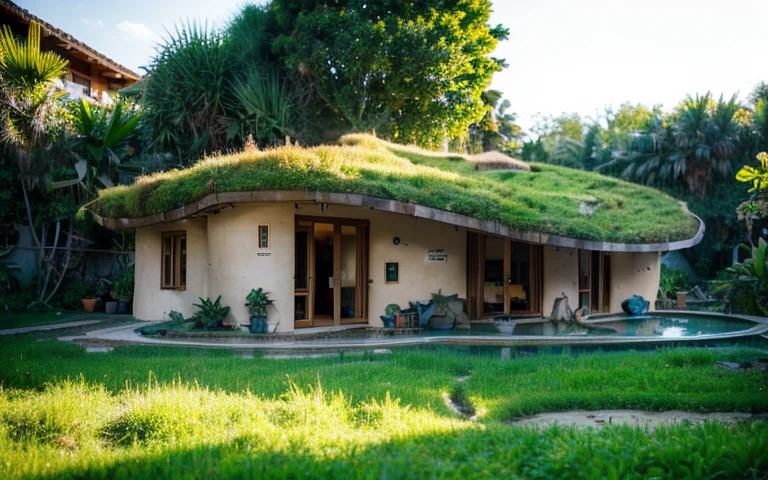 A photograph of a symmetrical contemporary house with (((one waved green roof))) and (((biological pool))) in a tropical backyard, mustard yellow terracota plaster walls (((rustic clay stucco))), ((corner walls rounded)), ((rustic clay plaster)), (((terracotta walls with rounded corners, organic curves))), (((rustic earth plaster, mud))), (((wave-shaped green roof with wooden edge))), (((wooden roof structure, wooden rake, wooden fascia board))), eaves, porch with wooden pillar, ((roof with wooden structure)), In Bali (((Tropical garden))), ((natural houses, organic buildings, organic architecture)), Ecovillage, sustainable architecture, Bioconstruction architecture, solarpunk architecture, (((grass roof, green roof, green wave roof, rounded roof, vegetated roofs))), ((green architecture)), Passive house, (((Rock Foundation))), Clear sky in the background, painful beauty, modern, imposing, green house, ((Bali hobbit Hadid Style)), super resolution, cinematic, color grading, editorial photography, photography, photo shoot, (((dramatic front eye top angle view))), O 50mm, depth of field, intricate details, natural colors, sharp focus, warm light, shutter speed 1/1000, F/22, White Balance, Ray Trace Reflections, Lumen Reflections, Screen Space Reflections, Diffraction Rating, Chromatic Aberration, GB Shift, Partial Lighting, Backlighting, Daylighting, Scan Lines, ambient occlusion, antialiasing, shaders, OpenGL-Shaders, GLSL-Shaders, Post-processing, post-production, shading, tone mapping, incredibly detailed and complex, hypermaximalist, elegant, hyperrealistic, super detailed, dynamic pose, Fujifilm XT