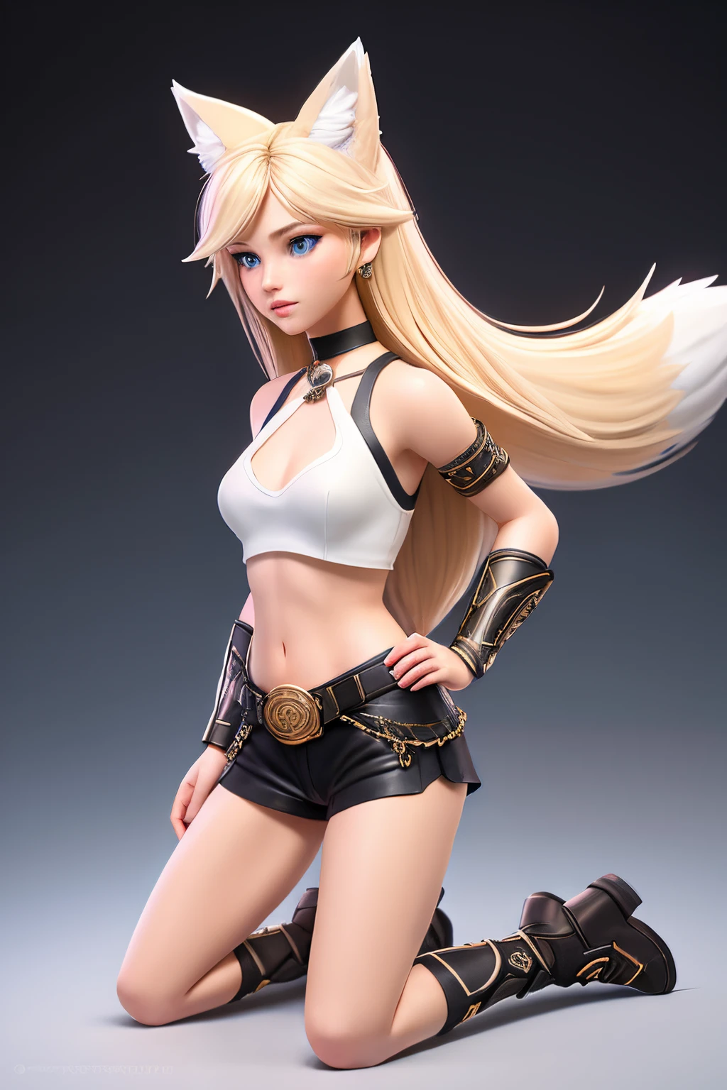close up 1girl in, teenager, Solo, Aesthetic artwork, blond, straight blonde hair, super long blonde hair, light blue eyes, some small freckles, pale skin, small breasts, cleavage, runners body, (thin hips, thin waist: 1.25), detailed skin, neutral face, mischievous smile, (action shot, hero pose:1.3), wearing a choker with a bell, wearing a belt knife, (wearing brown leather halter top and short shorts with armor:1.1), (white fox ear, white fox tail:1.25), (full body: 1.1), very detailed city roof background, rooftop, overlooking ancient Greek city, 24mm, 4k textures, soft cinematic light, RAW intricate, elegant, highly detailed, sharp focus, ((((cinematic look)))), soothing tones, insane details, intricate details, hyperdetailed, low contrast, soft cinematic light, dim colors, exposure blend, hdr, faded
