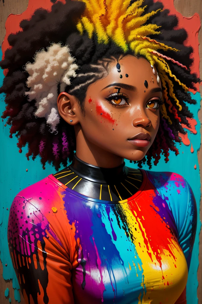 um retrato de pintura abstrata de uma mulher afro-americana com splatter de tinta colorido, no estilo do realismo com elementos de fantasia, gradientes de cores, salpicos de cor, figuras coloridas estilo minimalista, oil painting