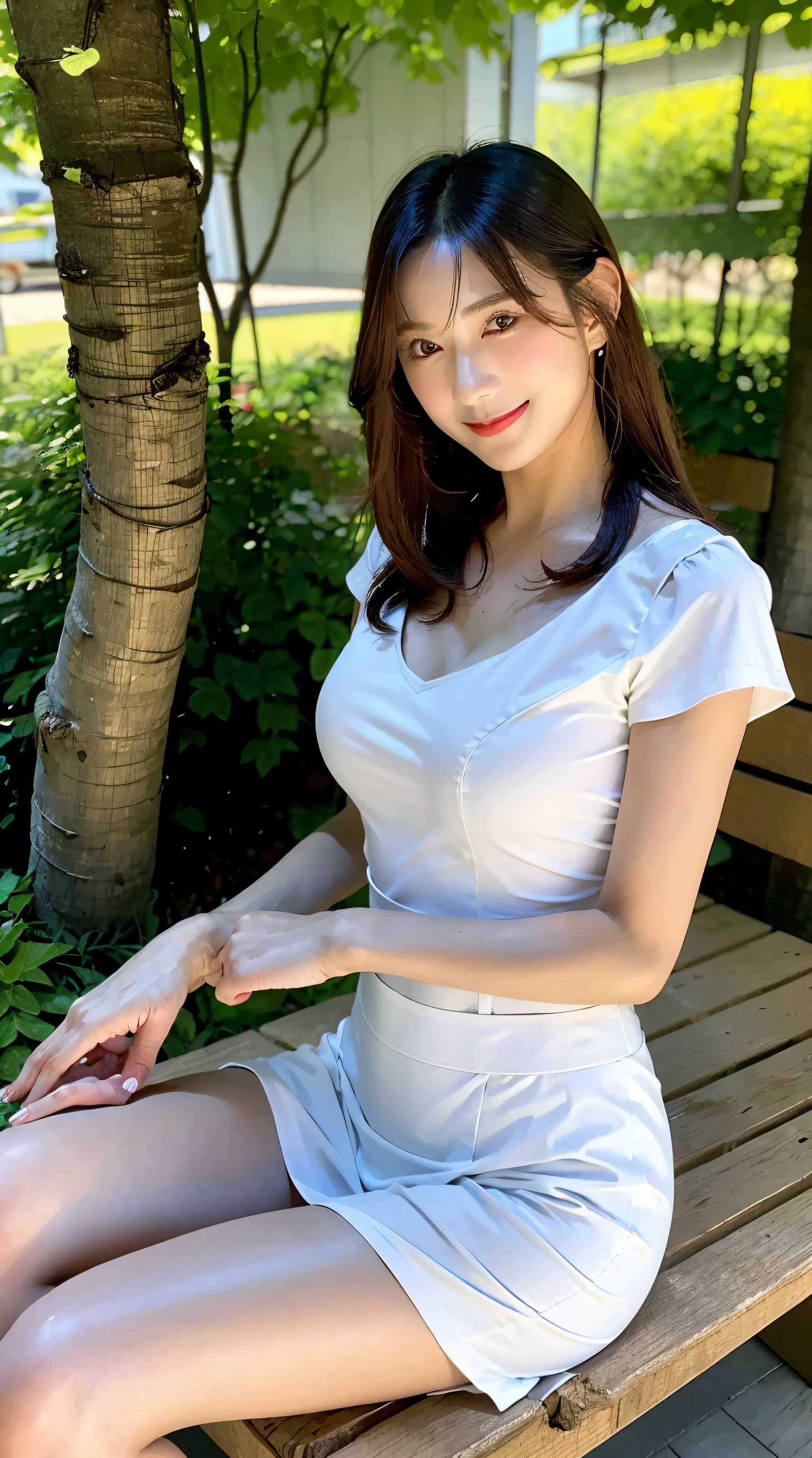 (Best Quality, masutepiece, Ultra HD: 1.3, High brightness, High color saturation), 1girl in, （middlebreasts）, light brown hair, Asymmetrical hair, straight haired, Long hair, （ slender body shape, Constricted waist）, （Ultra Fine Face）, Delicate lips, （beautidful eyes）, thin blush, eyes are brown, perfect glossy skin, View here, Smiling smile, （ hide one's hands）, （Sitting on a bench）, （thin and long legs, Thighs and toes:1.5), See-through white blouse, Tight skirt, （White pumps）, (a japanese girl, hposing Gravure Idol), Broad-leaved forest, 135 mm, Fuji Film