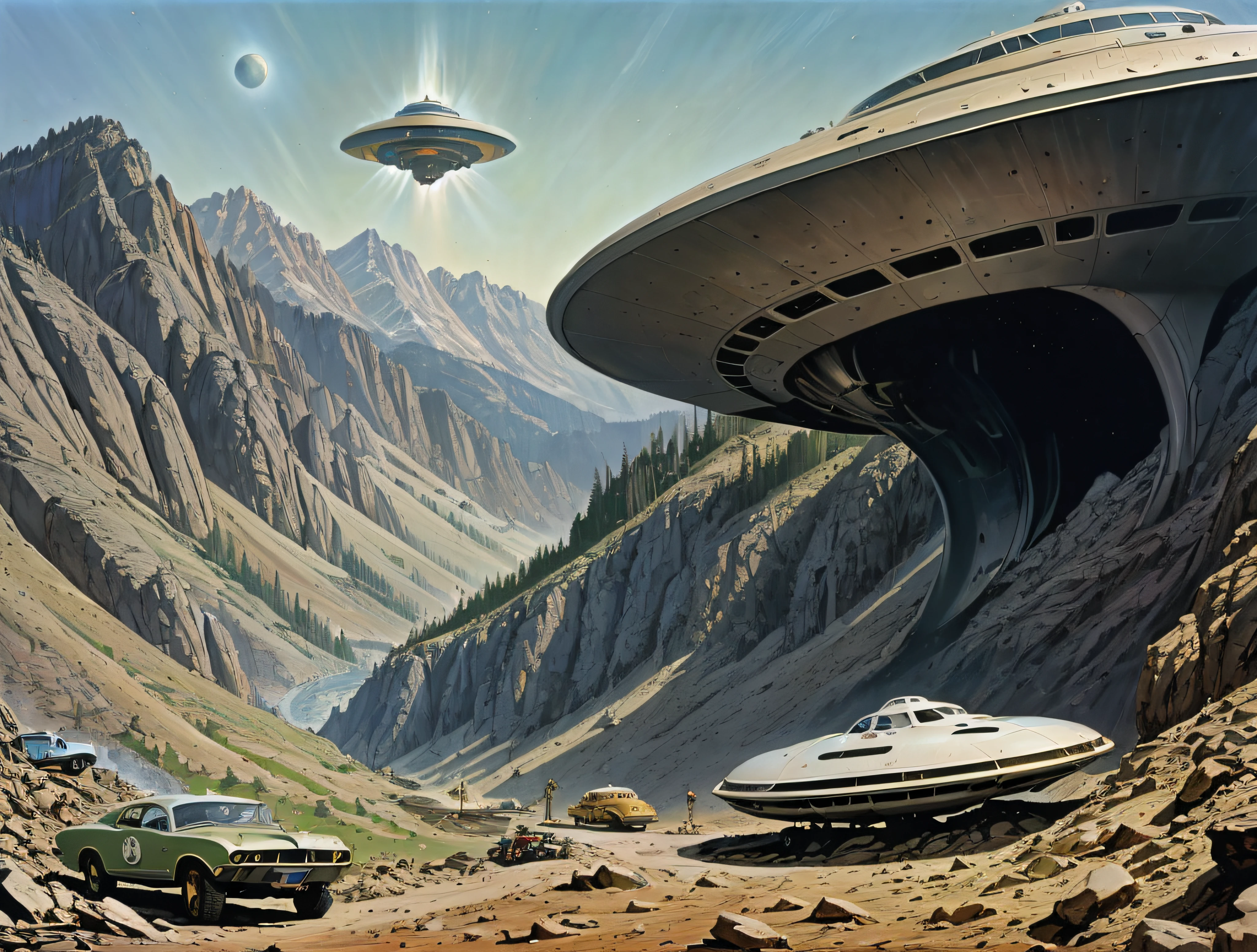 there are two cars and a boat in the mountains near a spaceship, by Tim Hildebrandt, retro 1 9 6 0 s sci - fi art, retro sci - fi art, retro sci - fi picture, stefan koidl inspired, by Robert McCall, inspired by Tim Hildebrandt, vintage sci - fi art, award winning scifi art, science fiction landscape