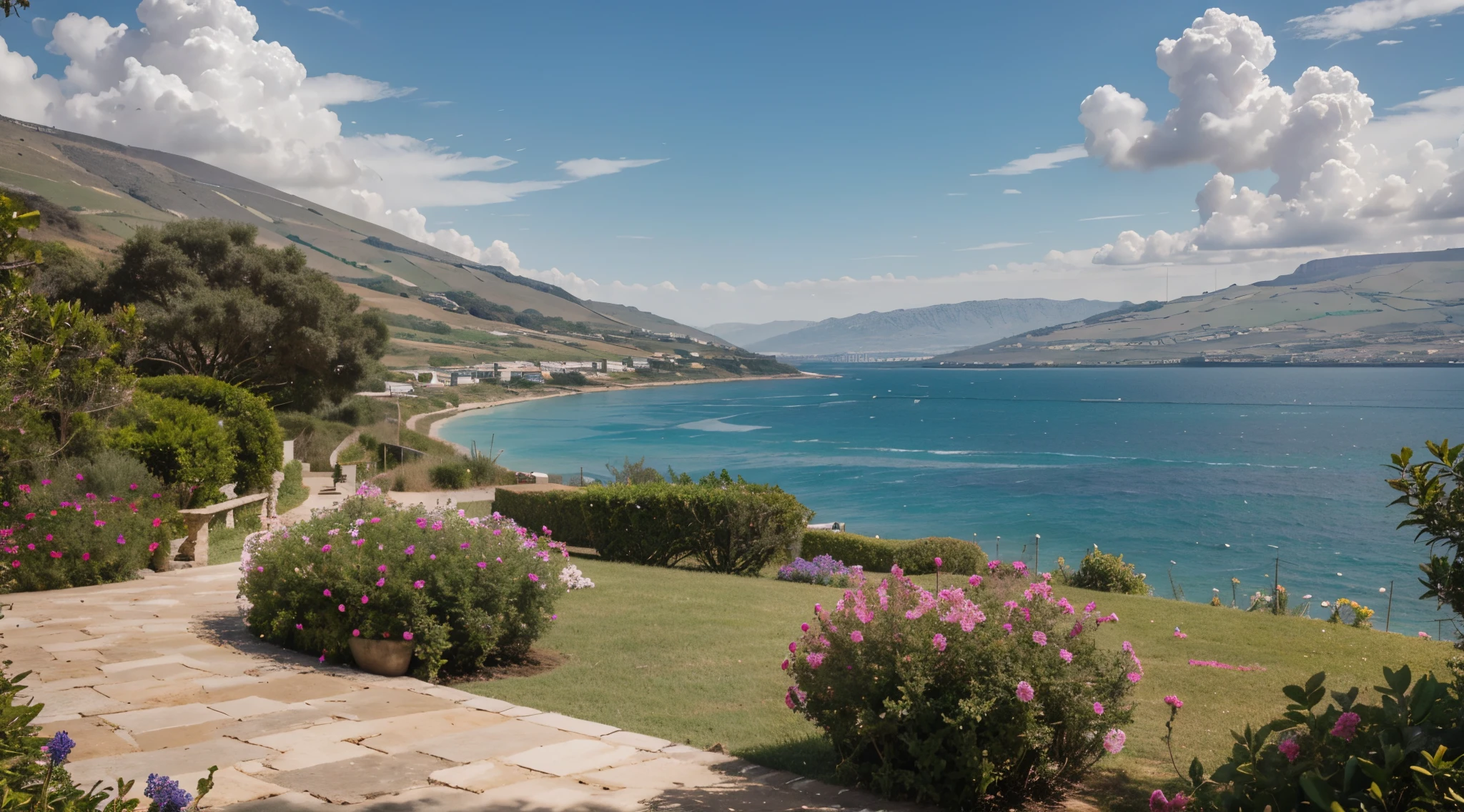 Visually portray the stunning landscape around the Sea of Galilee, capturing the scenic beauty and serenity of this iconic region. Imagine a breathtaking scenery with a wide horizon, onde o mar encontra terras exuberantes e diversas.

No centro da cena, show the majestic Sea of Galilee, with its calm, crystal-clear waters reflecting the soft tones of the sky. Ao longo das margens, depict a harmonious mix of lush vegetation, leafy trees, e flores coloridas, portraying the abundance and fertile life that characterize the area.

Capture as montanhas distantes que envolvem a paisagem, creating an impressive and imposing setting. Paint the sky with vibrant tones, Misturando azuis profundos, rosas suaves, e ouros radiantes, destacando o ambiente tranquilo e sublime.

Add small details that make the scene more authentic, como barcos de pesca tradicionais no horizonte, aves marinhas voando, ou pessoas interagindo com a natureza circundante. These elements should reinforce the sense of communion with nature and local culture.

Destaque a atmosfera de paz, Espiritualidade, and the natural magnificence that make the Sea of Galilee region a unique and special place. Convey the sense of serenity and timeless beauty that permeates this historically and spiritually significant area