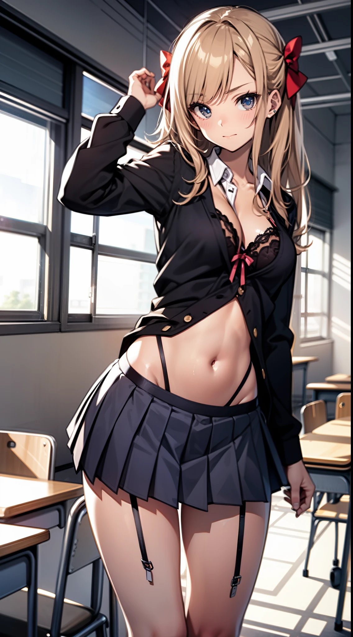 Collared shirt, Pleated skirt, School uniform, Bow、Navel Ejection、((an lingerie))