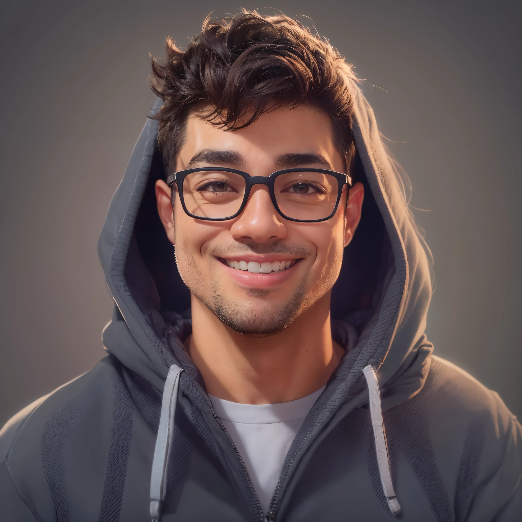 ((Piva)) Create a high-quality 2D cartoon portrait of a man wearing glasses and a hoodie, displaying a cheerful smile. This portrait is intended for use as an NFT, an avatar image, a Discord profile photo, and a character concept portrait for the Twitch streamer and player known as PivaArts. The complete portrait should be detailed and capture the personality and style of PivaArts, Becoming a Statement Piece. The focus is on a character headshot portrait fit for a Twitch streamer.