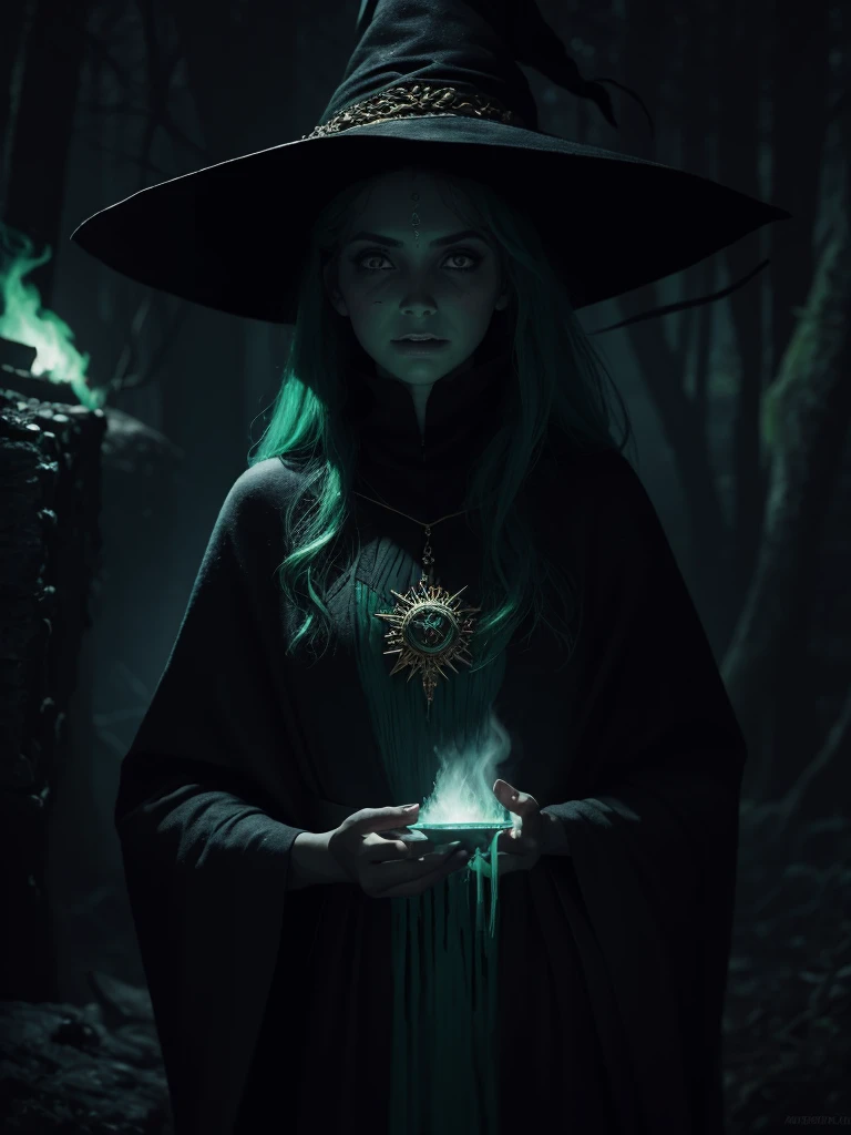 Mujer araffe 30 sentada sobre una manta con humo verde en la mano., Ritual forestal, humo saliendo de su boca, inspirado por Elsa Bleda, Quema de brujas, El conjuro de la bruja, Ritual en un bosque, Diosa pagana, humo verde, Sosteniendo fuego verde, Bruja, Mujer Bruja, Witch Shaman, Lanzar un hechizo de fuego, con humo, Demonic magical ritual