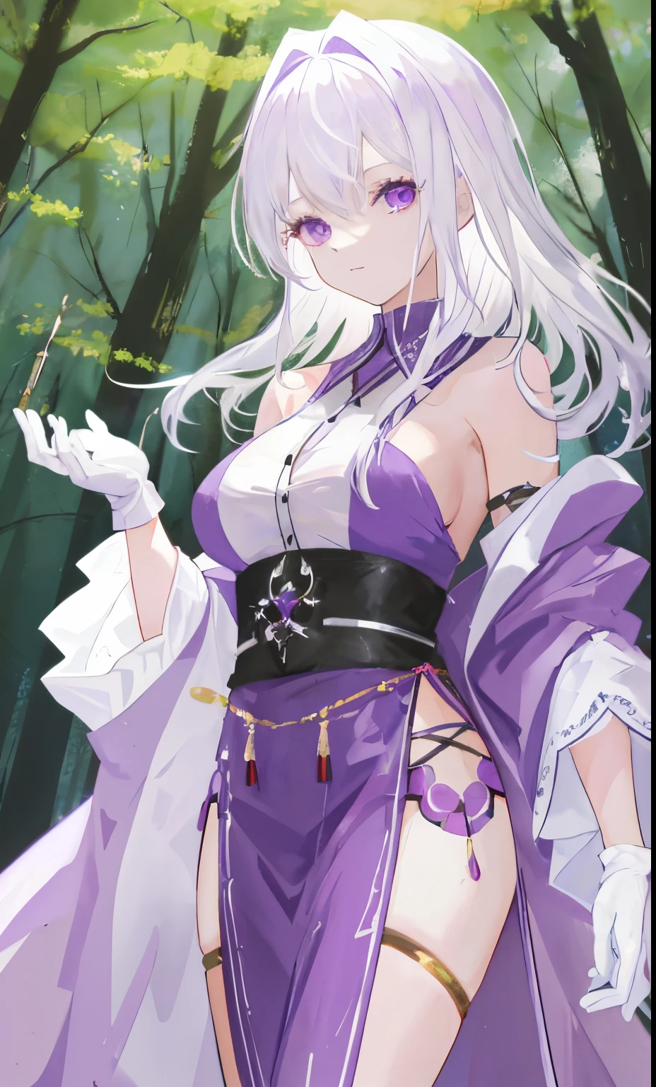 Two-dimensional painting style,24-year-old woman,White hair,put on purple robe,Long white gloves are worn on the elbows(Must be above the elbow),at a forest
