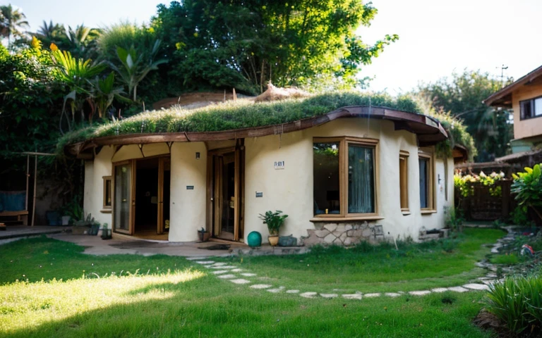 A photograph of a symmetrical contemporary house with (((one waved green roof))) and (((biological pool))) in a tropical backyard, mustard yellow terracota plaster walls (((rustic clay stucco))), ((corner walls rounded)), ((rustic clay plaster)), (((terracotta walls with rounded corners, organic curves))), (((rustic earth plaster, mud))), (((wave-shaped green roof with wooden edge))), (((wooden roof structure, wooden rake, wooden fascia board))), eaves, porch with wooden pillar, ((roof with wooden structure)), In Bali (((Tropical garden))), ((natural houses, organic buildings, organic architecture)), Ecovillage, sustainable architecture, Bioconstruction architecture, solarpunk architecture, (((grass roof, green roof, green wave roof, rounded roof, vegetated roofs))), ((green architecture)), Passive house, (((Rock Foundation))), Clear sky in the background, painful beauty, modern, imposing, green house, ((Bali hobbit Hadid Style)), super resolution, cinematic, color grading, editorial photography, photography, photo shoot, (((dramatic front eye top angle view))), O 50mm, depth of field, intricate details, natural colors, sharp focus, warm light, shutter speed 1/1000, F/22, White Balance, Ray Trace Reflections, Lumen Reflections, Screen Space Reflections, Diffraction Rating, Chromatic Aberration, GB Shift, Partial Lighting, Backlighting, Daylighting, Scan Lines, ambient occlusion, antialiasing, shaders, OpenGL-Shaders, GLSL-Shaders, Post-processing, post-production, shading, tone mapping, incredibly detailed and complex, hypermaximalist, elegant, hyperrealistic, super detailed, dynamic pose, Fujifilm XT