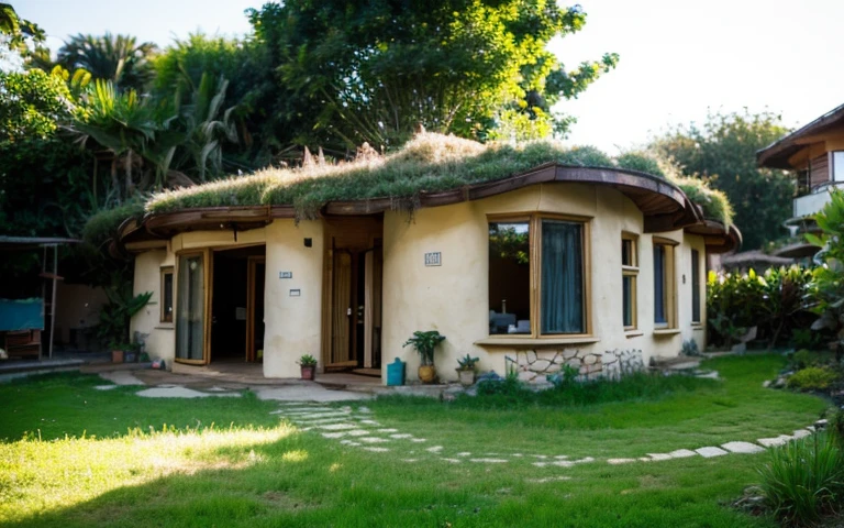 A photograph of a symmetrical contemporary house with (((one waved green roof))) and (((biological pool))) in a tropical backyard, mustard yellow terracota plaster walls (((rustic clay stucco))), ((corner walls rounded)), ((rustic clay plaster)), (((terracotta walls with rounded corners, organic curves))), (((rustic earth plaster, mud))), (((wave-shaped green roof with wooden edge))), (((wooden roof structure, wooden rake, wooden fascia board))), eaves, porch with wooden pillar, ((roof with wooden structure)), In Bali (((Tropical garden))), ((natural houses, organic buildings, organic architecture)), Ecovillage, sustainable architecture, Bioconstruction architecture, solarpunk architecture, (((grass roof, green roof, green wave roof, rounded roof, vegetated roofs))), ((green architecture)), Passive house, (((Rock Foundation))), Clear sky in the background, painful beauty, modern, imposing, green house, ((Bali hobbit Hadid Style)), super resolution, cinematic, color grading, editorial photography, photography, photo shoot, (((dramatic front eye top angle view))), O 50mm, depth of field, intricate details, natural colors, sharp focus, warm light, shutter speed 1/1000, F/22, White Balance, Ray Trace Reflections, Lumen Reflections, Screen Space Reflections, Diffraction Rating, Chromatic Aberration, GB Shift, Partial Lighting, Backlighting, Daylighting, Scan Lines, ambient occlusion, antialiasing, shaders, OpenGL-Shaders, GLSL-Shaders, Post-processing, post-production, shading, tone mapping, incredibly detailed and complex, hypermaximalist, elegant, hyperrealistic, super detailed, dynamic pose, Fujifilm XT