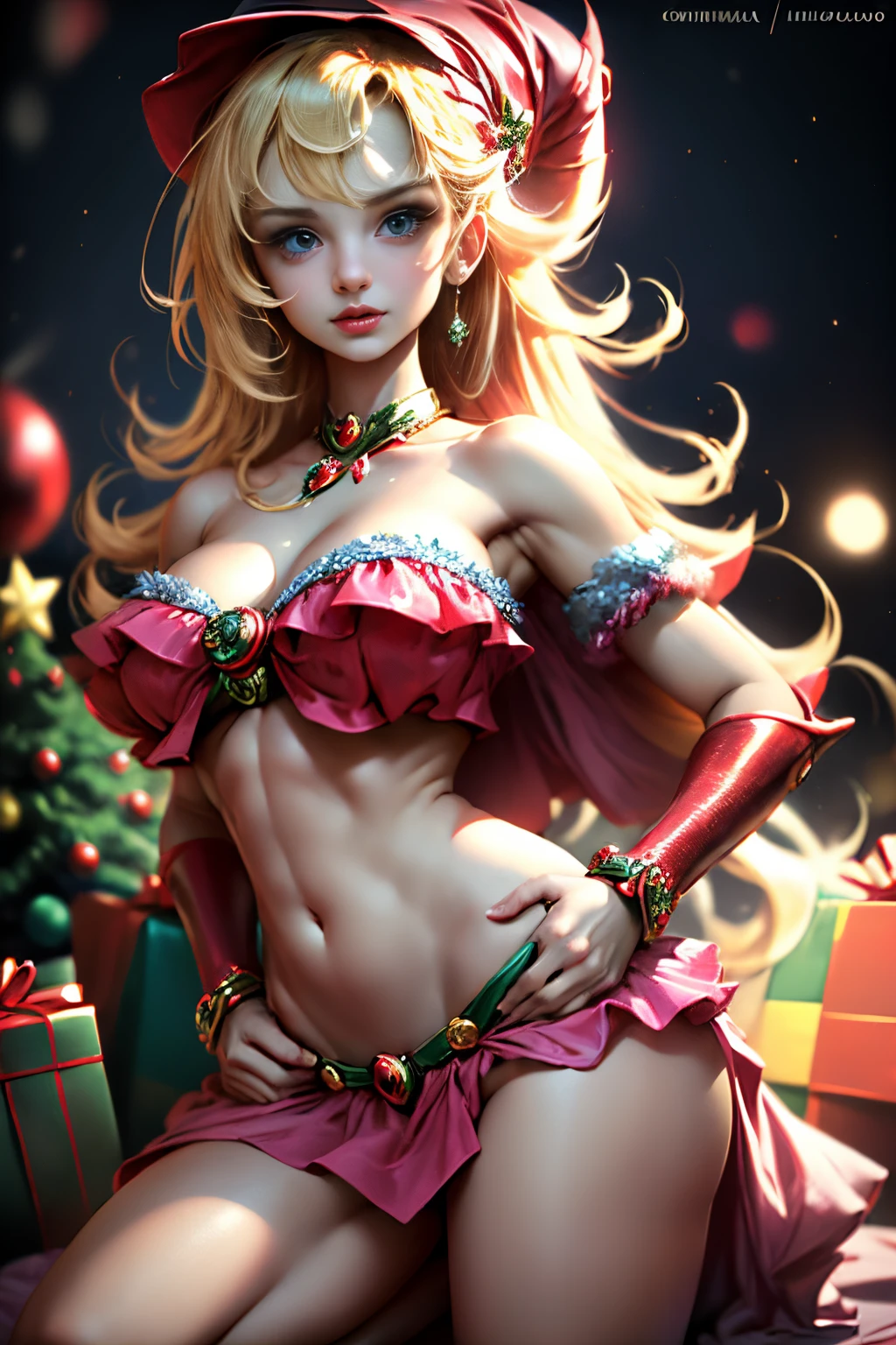 (La mejor calidad,Ultra detallado,realista:1.37),Mujer vestida con un vestido corto rojo, hermosos ojos detallados, hermosos labios detallados, Pelo rubio largo. Cara feliz y emocionada, sosteniendo un regalo, pose expresiva, Artistic lighting, retrato, colores contrastantes, dynamic composition, colorful background with christmas decoration, like Christmas tree with lights and gifts under it, (cuerpo completo:1.5) Pose sujestiva y sensual