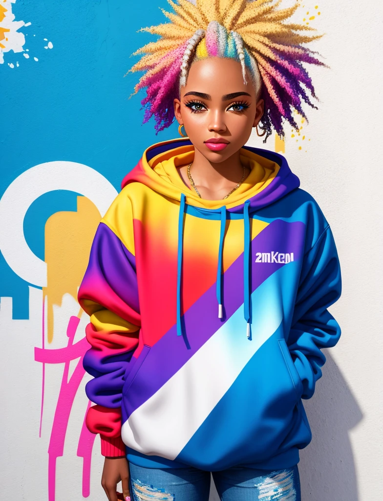 Graffiti painting, street art, 24k extremely detailed CG unit wallpaper, 16k landscape, artwork, masterpiece, best quality, amazing light brushstrokes, of a 21 year old African American girl with platinum hair in graffiti style on a white wall with vibrant colors.