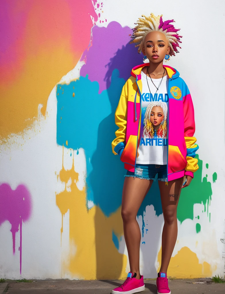 Graffiti painting, street art, 24k extremely detailed CG unit wallpaper, 16k landscape, artwork, masterpiece, best quality, amazing light brushstrokes, of a 21 year old African American girl with platinum hair in graffiti style on a white wall with vibrant colors.