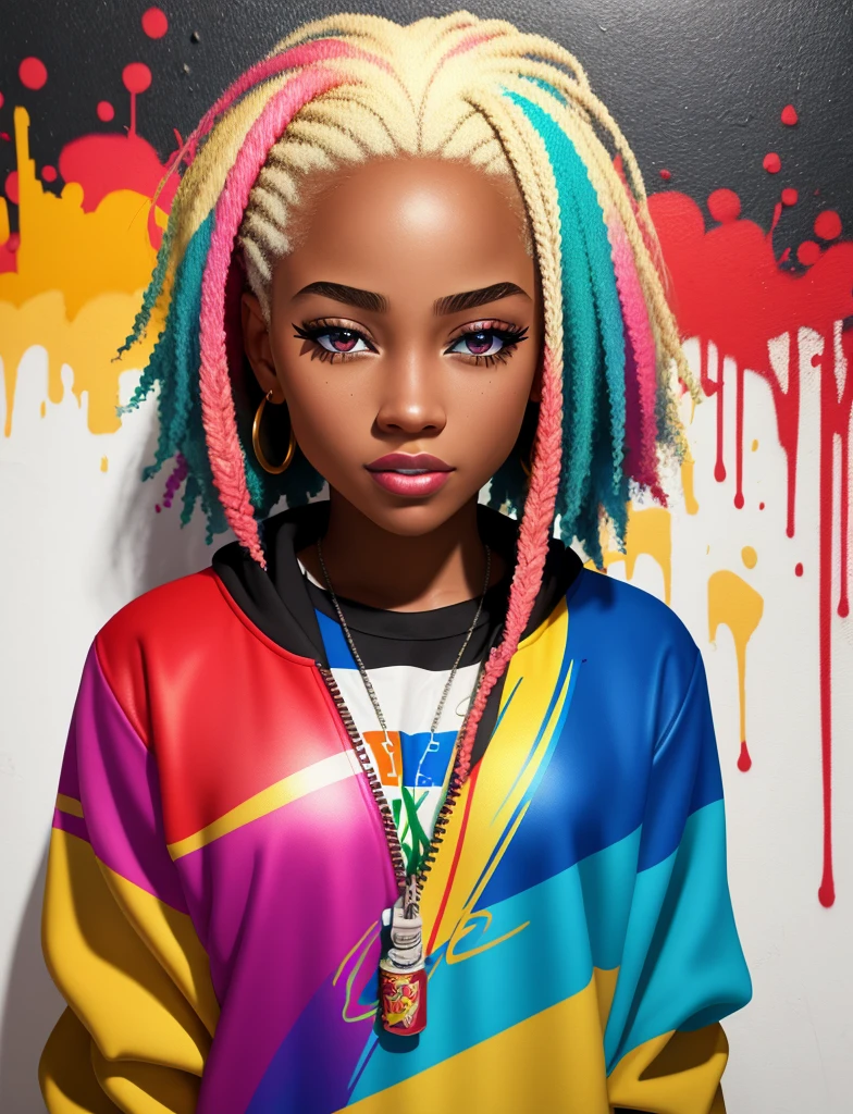 Graffiti painting, street art, 24k extremely detailed CG unit wallpaper, 16k landscape, artwork, masterpiece, best quality, amazing light brushstrokes, of a 21 year old African American girl with platinum hair in graffiti style on a white wall with vibrant colors.