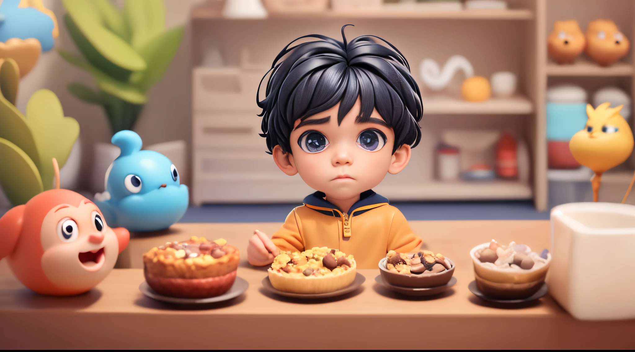 Um homen com cabelo curto e preto, com olhos castanhos, um pouco magro, e ele tem 43 anos de idade. Estilo Disney e pixar