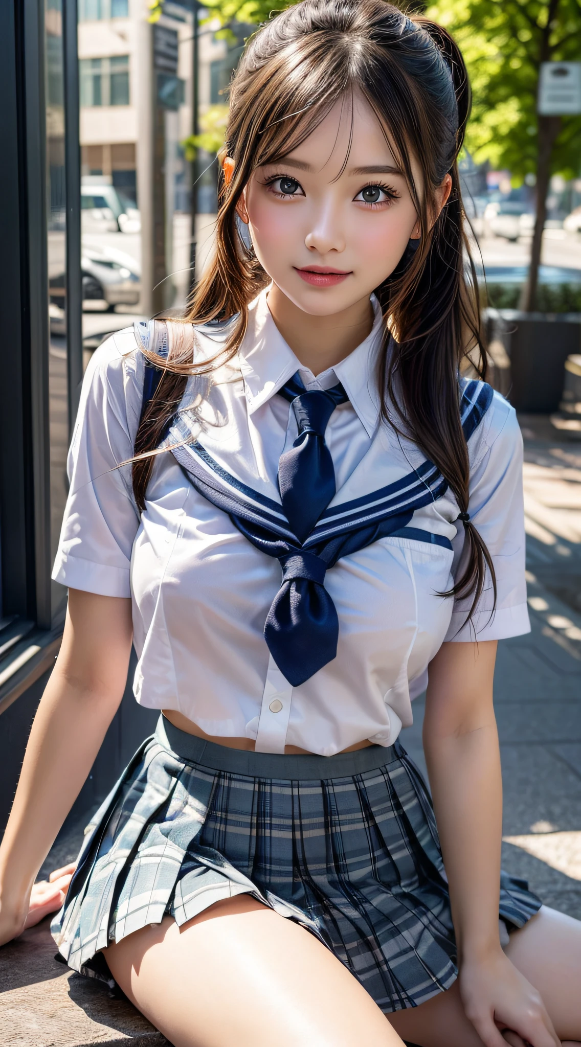 There is a woman sitting on a bench with a tie, a hyperrealistic schoolgirl, a hyperrealistic schoolgirl, Japan school uniform, wearing japanese school uniform, japanese girl school uniform, Realistic Schoolgirl, sakimichan hdri, Realistic Young Gravure Idol, Cute Schoolgirl, Seifuku, in a white shirt, girl wearing school uniform, School Girl