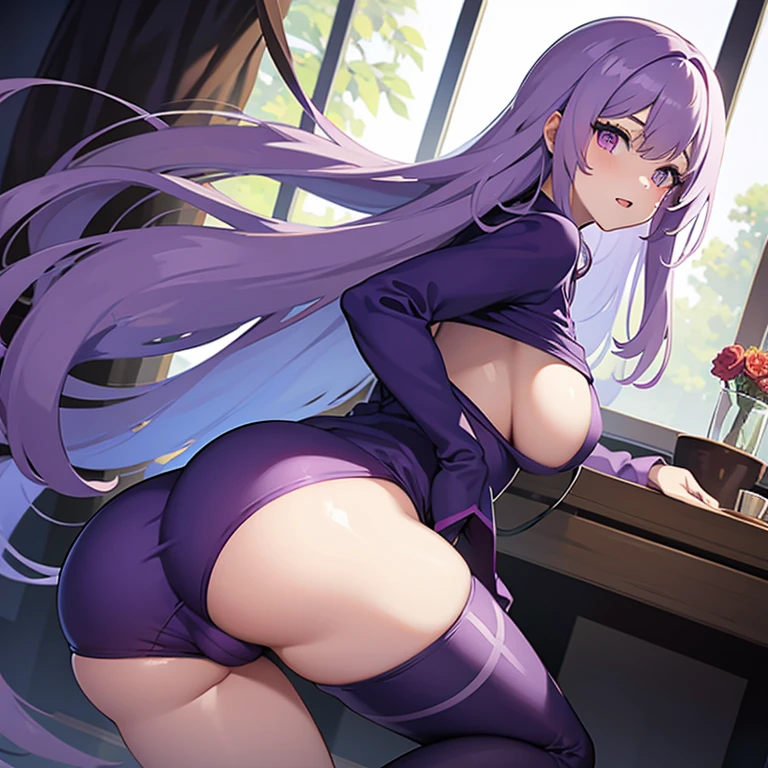 1 girl, long very light purple hair, purple eyes, big boobs, big butt, big thighs, onesie