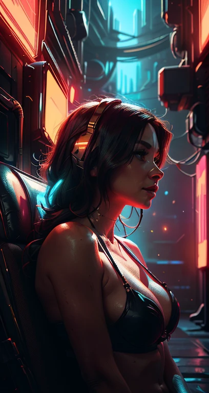 looking at camera, cyberpunk neon cinematic 8k poster, shocking, neon lights - dark and shadowy background - night mood, Astronaut style white and gold trim neon light bikini zipper open (breast) and clear helmet, dark short wavy hair, with a group of soldiers behind her, beautiful sci-fi art, beautiful smile, waiting for a kiss, turning and looking at the camera, space warrior, sunrise over solar punk city, stoner rock, mars invasion, epic album art cover, sexy movie photo, cinemascope panorama, high stylized and 1940’s poster, cosmic style, 8k cinematic, golden ratio, cosmic mayhem, light particles, wet look, golden hour, realistic, masterpiece, highest quality, lens flare, shade, bloom, [[chromatic aberration]]