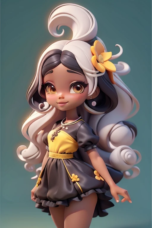 Avatar fada menina negra, tons amarelo e preto, sorriso meigo e delicado, asas brilhante, vestida com uma jardineira, corpo inteiro,pele clara e olhos delicados e definidos,cartoon 3D com blusa delicada,, casaco peludinha, cabelos multicolor, fundo simples e branco