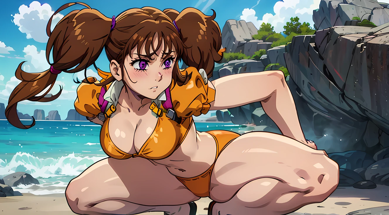 diane (seven deadly sins), pig tails, orange bikini, light brown hair, sexy, purple eyes, one girl only