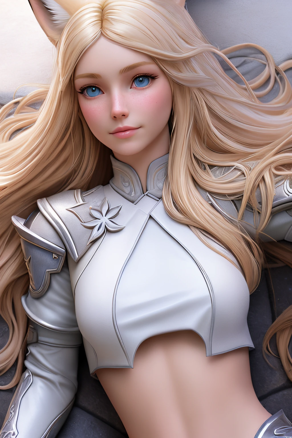 close up 1girl in, ager, Solo, Aesthetic artwork, blond, straight blonde hair, super long blonde hair, light blue eyes, some small freckles, pale skin, small breasts, runners body, (thin hips, thin waist: 1.25), (arched back:1.12), detailed skin, neutral face, shy smile, (laying down: 1.25), wearing leather Warcraft armor, World of Warcraft for the alliance, Janea Proudmore, (white fox ear:1.25), (detailed Castle roof background:1.1), rooftop, overlooking medieval city, 24mm, 4k textures, soft cinematic light, RAW intricate, elegant, highly detailed, sharp focus, ((((cinematic look)))), soothing tones, insane details, intricate details, hyperdetailed, low contrast, soft cinematic light, dim colors, exposure blend, hdr, faded