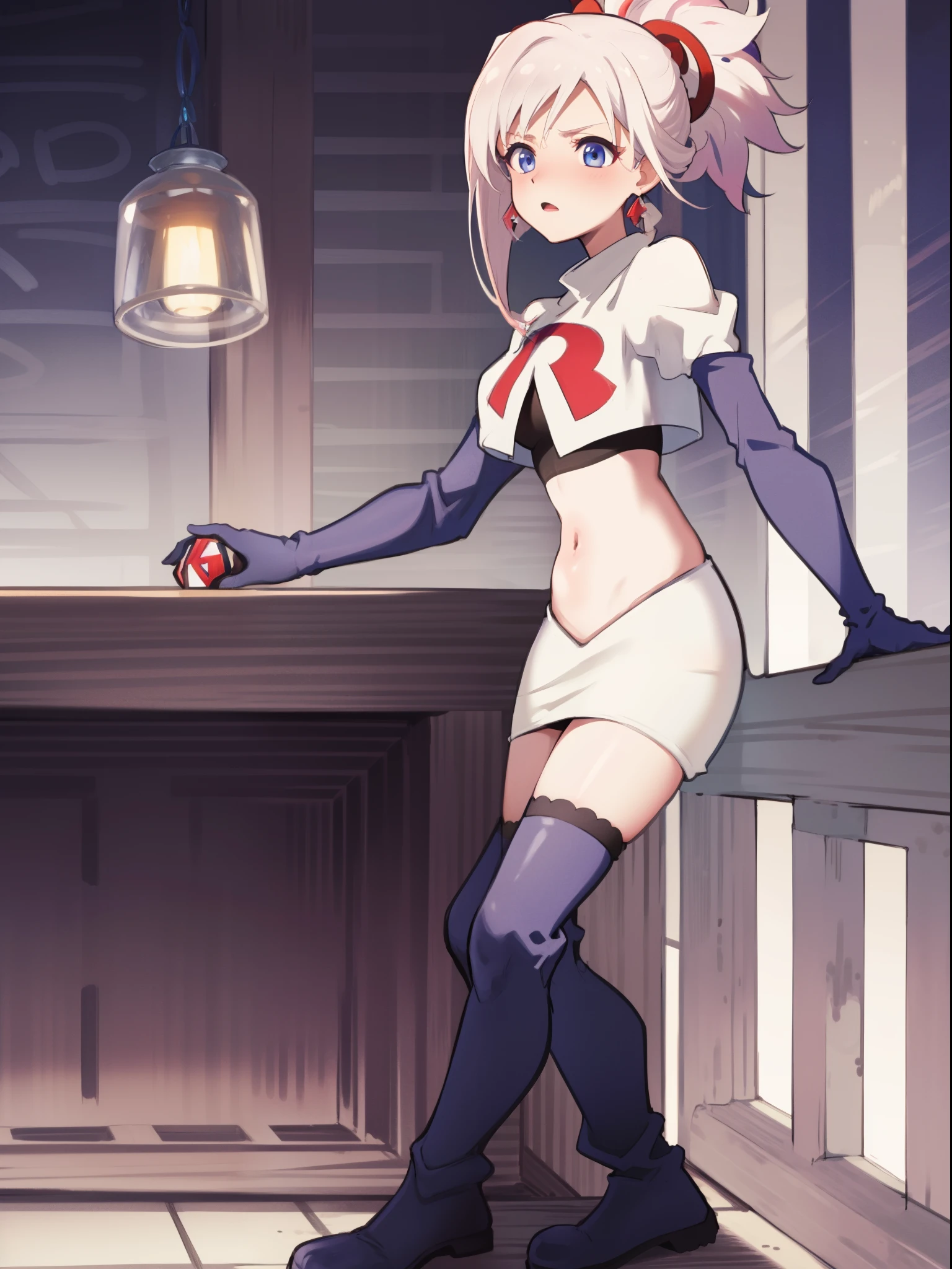 miyamotomusashi, miyamoto musashi, asymmetrical hair, blue eyes, earrings, hair ornament, pink hair, ponytail, sidelocks,team rocket,team rocket uniform,white skirt,crop top,black thigh-high boots,black elbow gloves,