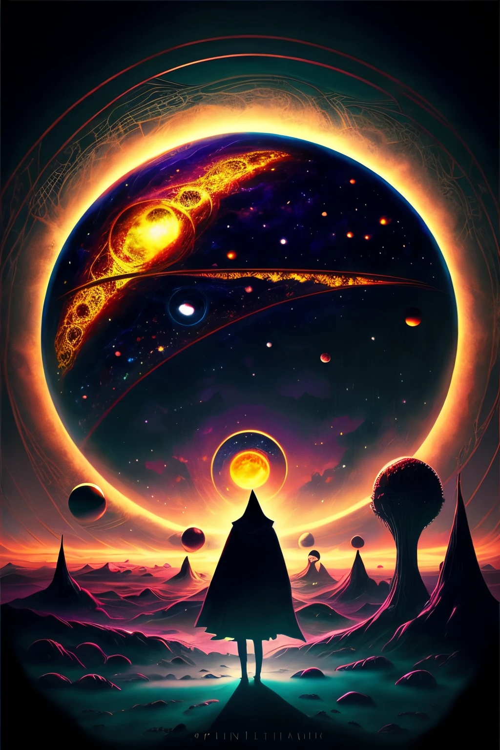 In der Mitte befindet sich ein Planet, Tentakel des Universums, Lovecraft-Inspiration, Lovecrafts kosmische Angst, Lovecraft&#39;s hellscape, Fantasy- und Weltraum-Horrorfilme, Lovecraft inspired atmosphere, Lovecraftianer, Planet im offenen Weltraum, keine Menschen