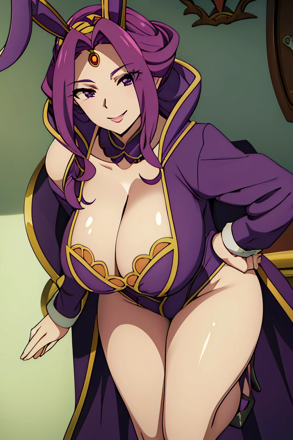 Mirellia Q melromarc, purple bunny costume, loose purple hair, bunny ears, busty, large thights, cleavage, bare leg, sure face, smiling, high heels, curvy body, bishoujo, sexy,