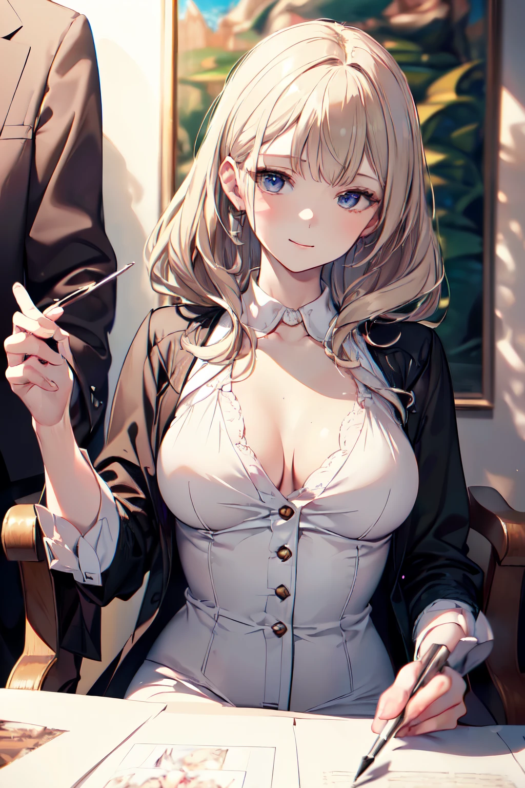 Florence Nightingale, (ballet clothes), sitting in a chair, smiling at the camera, white formal shirt, loose collar buttons, nipple bumps, long loose hair, (delicate illustrations: 1.4), (Renaissance art: 1.4), (ultra high resolution: 1.2), (photorealism: 1.4), (8K, RAW photos: 1.2), (soft focus: 1.4), ( 18 years old: 1.3), (Sharp Focus: 1.4), beautiful face with attention to detail, pure rose face_V1
