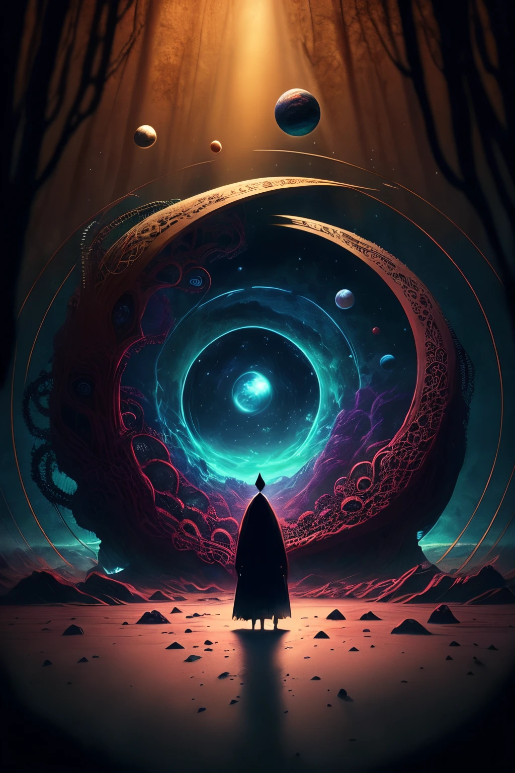 In der Mitte befindet sich ein Planet, Tentakel des Universums, Lovecraft-Inspiration, Lovecrafts kosmische Angst, Lovecraft&#39;s hellscape, Fantasy- und Weltraum-Horrorfilme, Lovecraft inspired atmosphere, Lovecraftianer, Planet im offenen Weltraum, keine Menschen