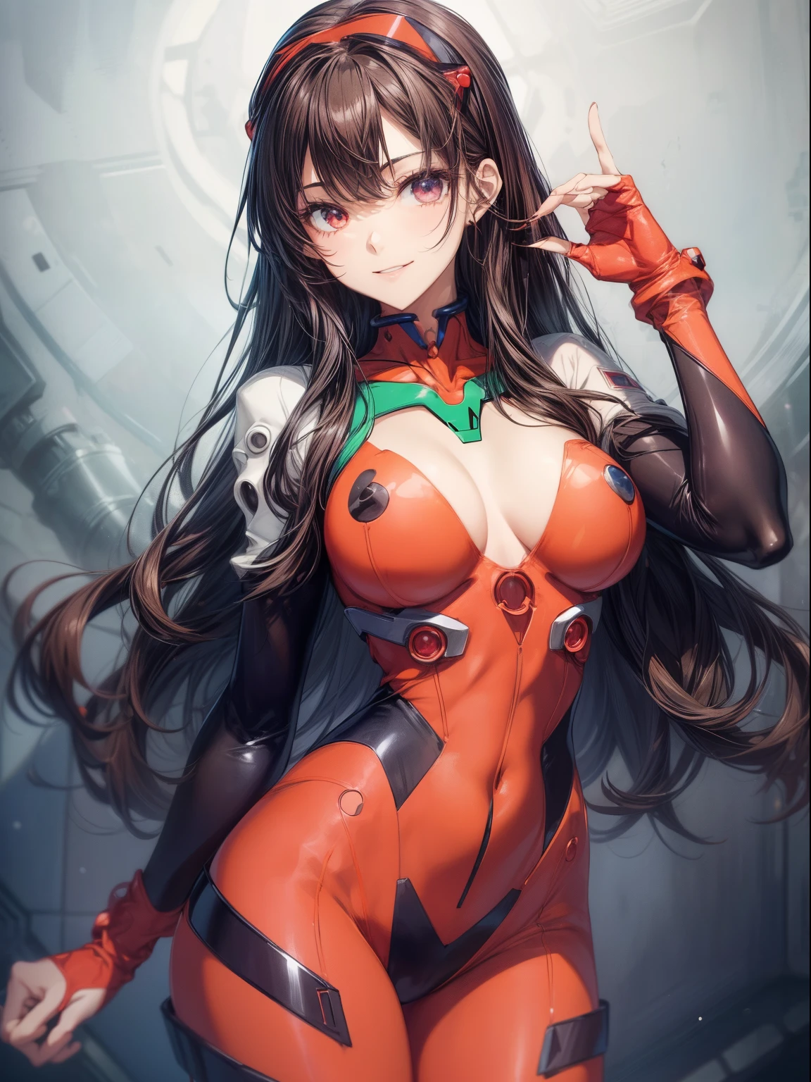 top-quality、Full limbs、complete fingers、1girl in、((one beautiful women、独奏))、Woman with dark hair、Medium hair、straight haired、busty lady、A big smile、Naughty Poses、((Red Evangelion full body plug suit))