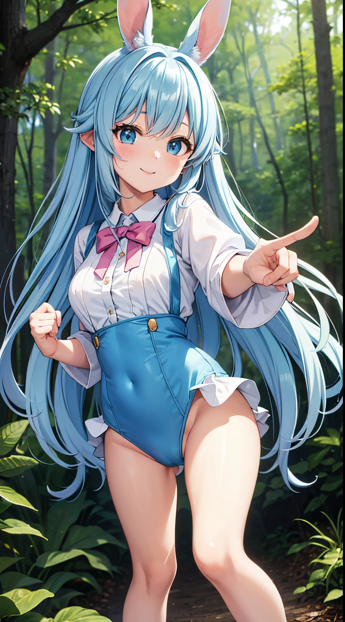 【Top image quality】Kawaii Girl　Light blue long hair、Twin-tailed、in woods　Forest creatures　Eared rabbit　bare-legged　Cute Leotard Costume、　White panty、rabbitears　shortsleeves　A charming smile　There are also rabbits