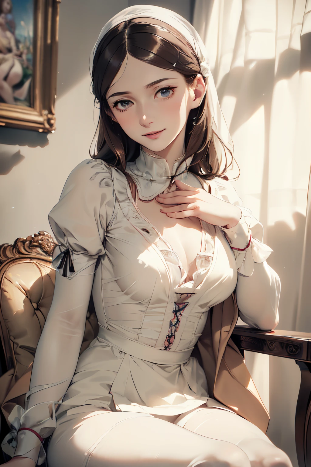 Florence Nightingale, (ballet clothes), sitting in a chair, smiling at the camera, white formal shirt, loose collar buttons, nipple bumps, long loose hair, (delicate illustrations: 1.4), (Renaissance art: 1.4), (ultra high resolution: 1.2), (photorealism: 1.4), (8K, RAW photos: 1.2), (soft focus: 1.4), ( 18 years old: 1.3), (Sharp Focus: 1.4), beautiful face with attention to detail, pure rose face_V1