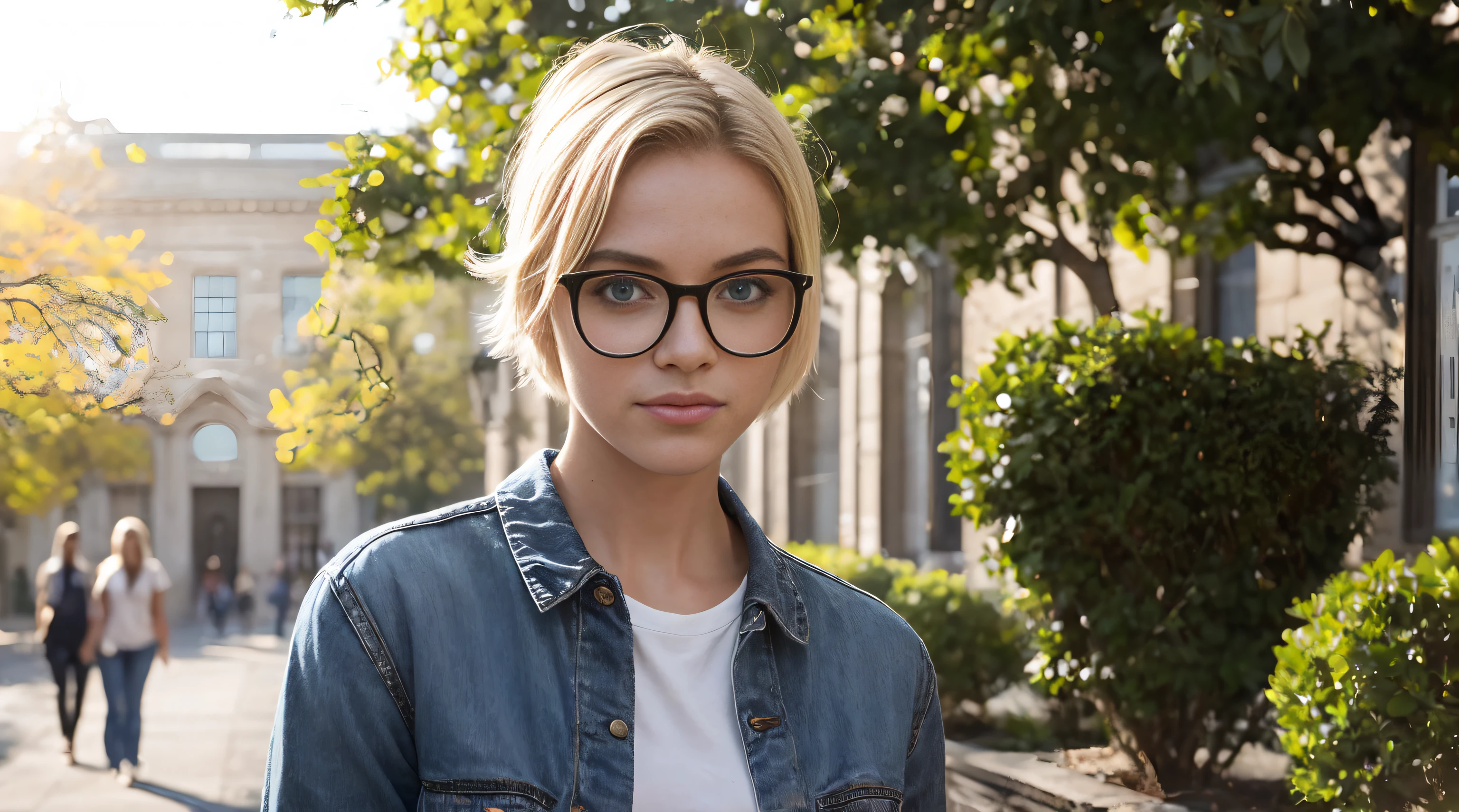 In the soft glow of a sunlit afternoon on the university campus, a confident and vibrant model with short, blonde hair adorned in the colors of the LGBTQI+ spectrum exudes individuality and pride. With fair skin and a pair of stylish glasses, she adds an intellectual touch to her expressive and colorful ensemble. Dressed in a fashion-forward outfit, the model showcases her unique style. The sunlight bathes the campus in warmth, casting a gentle play of light and shadows on the surroundings. The camera adeptly captures the nuanced details of her appearance, highlighting the textures of her clothing and the natural elements of the environment. Her short, blonde hair is a canvas for a playful display of LGBTQI+ colors, creating a dynamic and eye-catching effect. The colors are carefully woven into the hair, symbolizing inclusivity and diversity. The glasses add a touch of sophistication, complementing the overall look. Facial features are carefully portrayed, capturing the essence of a confident and expressive demeanor. The glasses enhance the model's intellectual appeal, while her engaging gaze adds depth and personality to the scene. The camera angles offer various perspectives, capturing the model in motion as she navigates through the campus scenery. The vibrant colors in her hair stand out against the greenery, creating a visually stunning and celebratory display of individuality and pride. This detailed image prompt aims to celebrate the radiant diversity and unique style of a model with short, blonde hair adorned in LGBTQI+ colors, wearing glasses and confidently embracing her identity on the university campus.