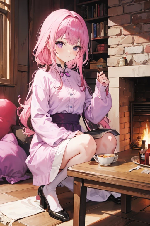 A pink haired woman with violet  is holding a ruby by a fireplace