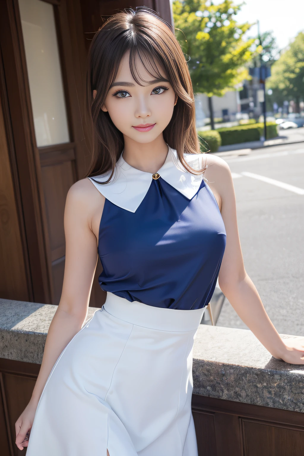 A woman in a blue and white dress posing for a picture - SeaArt AI