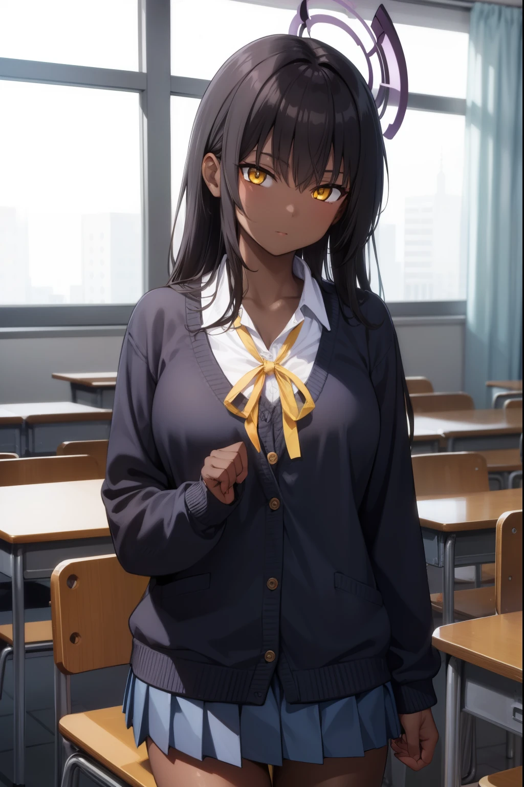 bluearchivekarin, karin, ahoge, black hair, dark skin, dark-skinned female, halo, long hair, (yellow eyes:1.5),
BREAK cardigan, neck ribbon, pleated skirt, ribbon, school uniform, skirt, blue cardigan,
BREAK looking at viewer,
BREAK indoors, classroom,
BREAK (masterpiece:1.2), best quality, high resolution, unity 8k wallpaper, (illustration:0.8), (beautiful detailed eyes:1.6), extremely detailed face, perfect lighting, extremely detailed CG, (perfect hands, perfect anatomy),