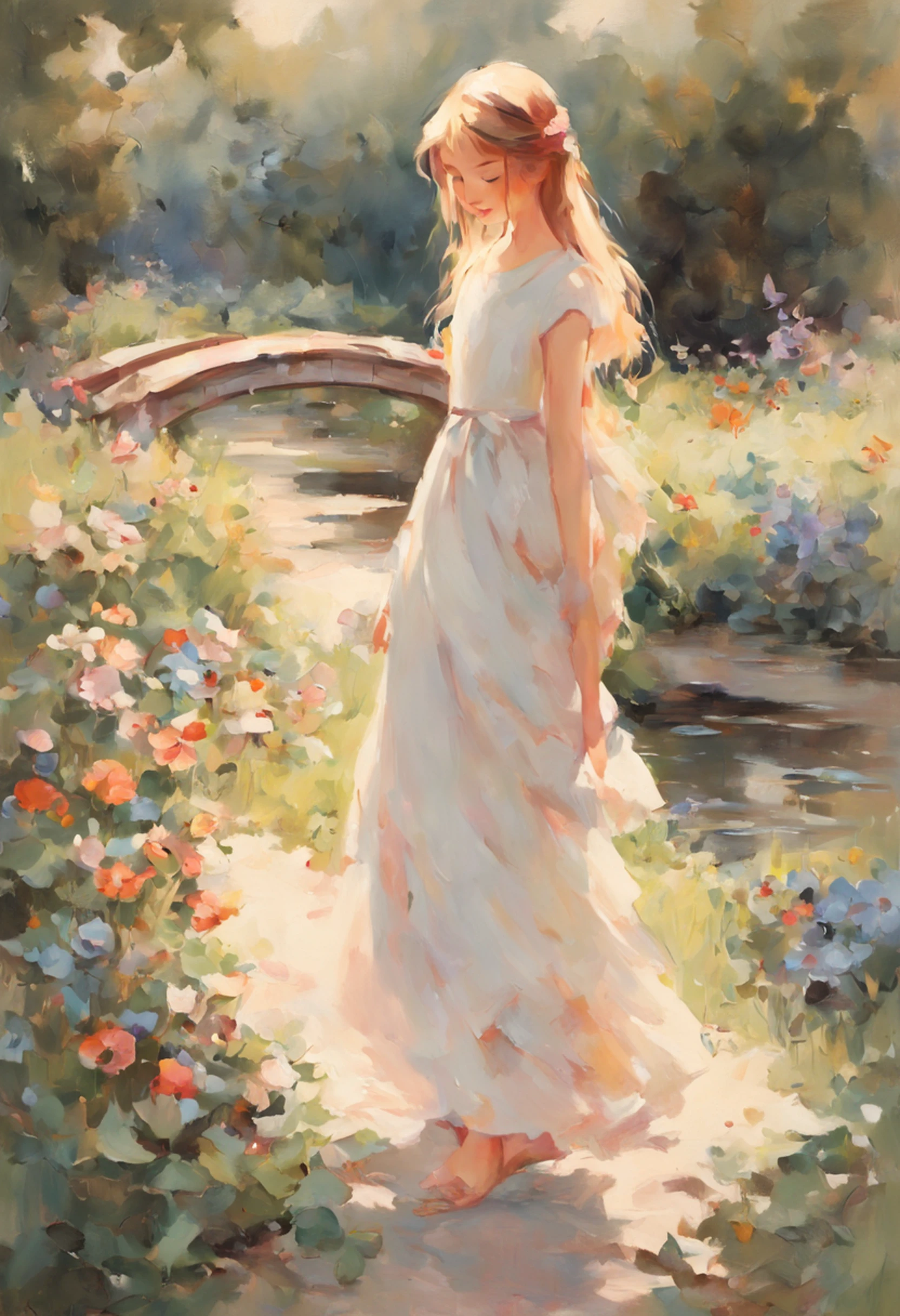 In a garden, a girl wearing a flowing dress is standing by a pond. She gazes at the water, captivated by the colorful reflections of the delicate flowers on its surface. The garden is filled with vibrant blooms, including roses, lilies, and sunflowers, creating a picturesque scene. The girl's eyes are beautifully detailed, with long eyelashes that enhance her mesmerizing look. Her lips are also detailed, adding to the overall charm and grace of her appearance. The sunlight gently illuminates her face, casting soft shadows and giving her skin a photorealistic glow. As the wind rustles through the trees, the leaves dance in the air, creating a sense of movement and vitality. The painting is done in a Claude Monet style, with the brushstrokes capturing the play of light and color in a dreamlike manner. The colors are vivid and vibrant, evoking a sense of joy and tranquility. The overall image quality is of the best quality, with ultra-detailed elements that allow the viewer to appreciate every intricate detail. The scene is bathed in warm tones, with a slight golden hue that adds a touch of nostalgia. The lighting is natural and soft, casting gentle shadows and highlighting the textures of the garden and the girl's dress. The result is a masterpiece of art, a stunning representation of nature's beauty and the timeless allure of impressionist paintings.