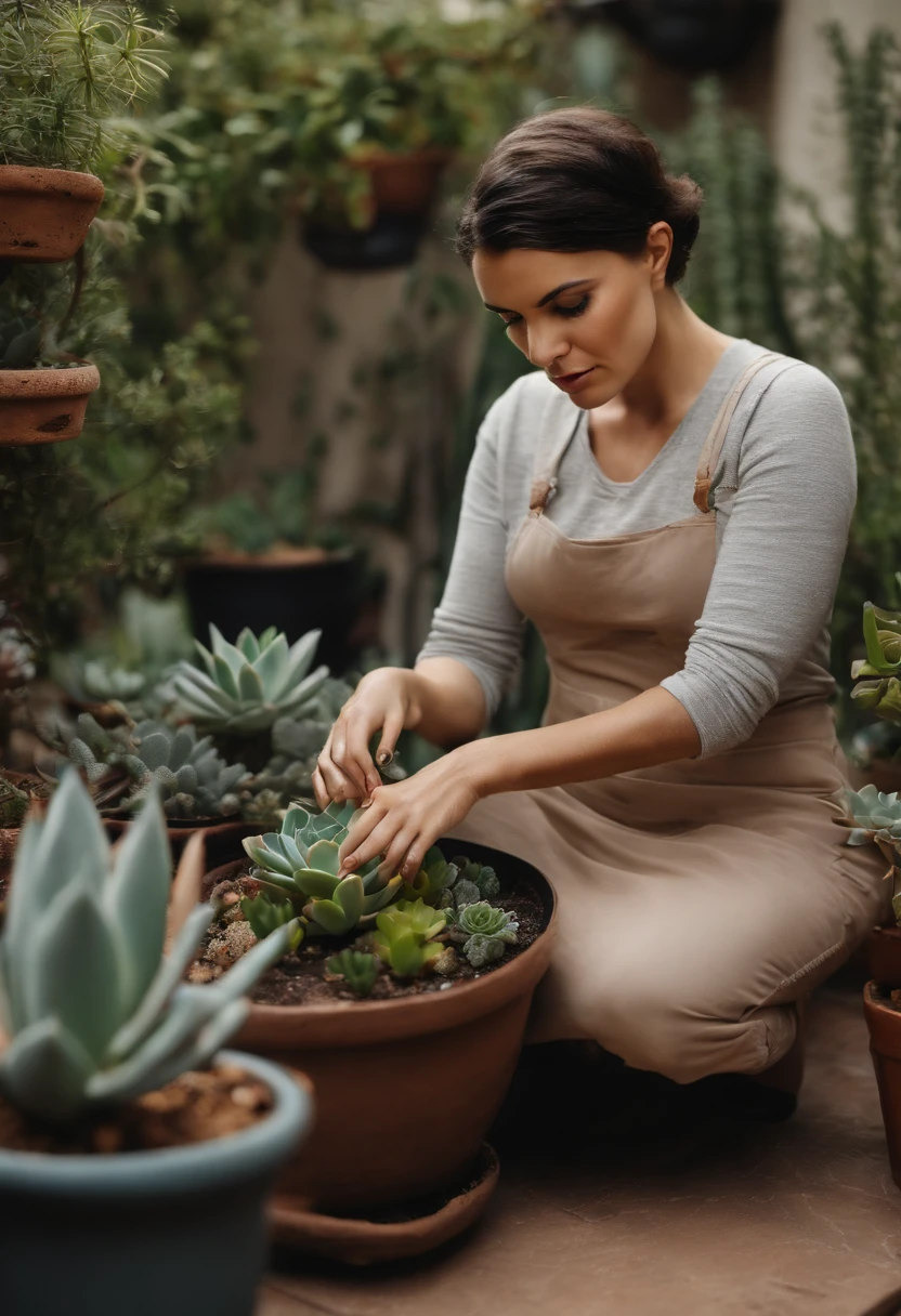 A photo of Suzan angrily planting succulents in a small planter.,original,Petite, short hair, dark eyes and light skin, angry and frustrated but serious