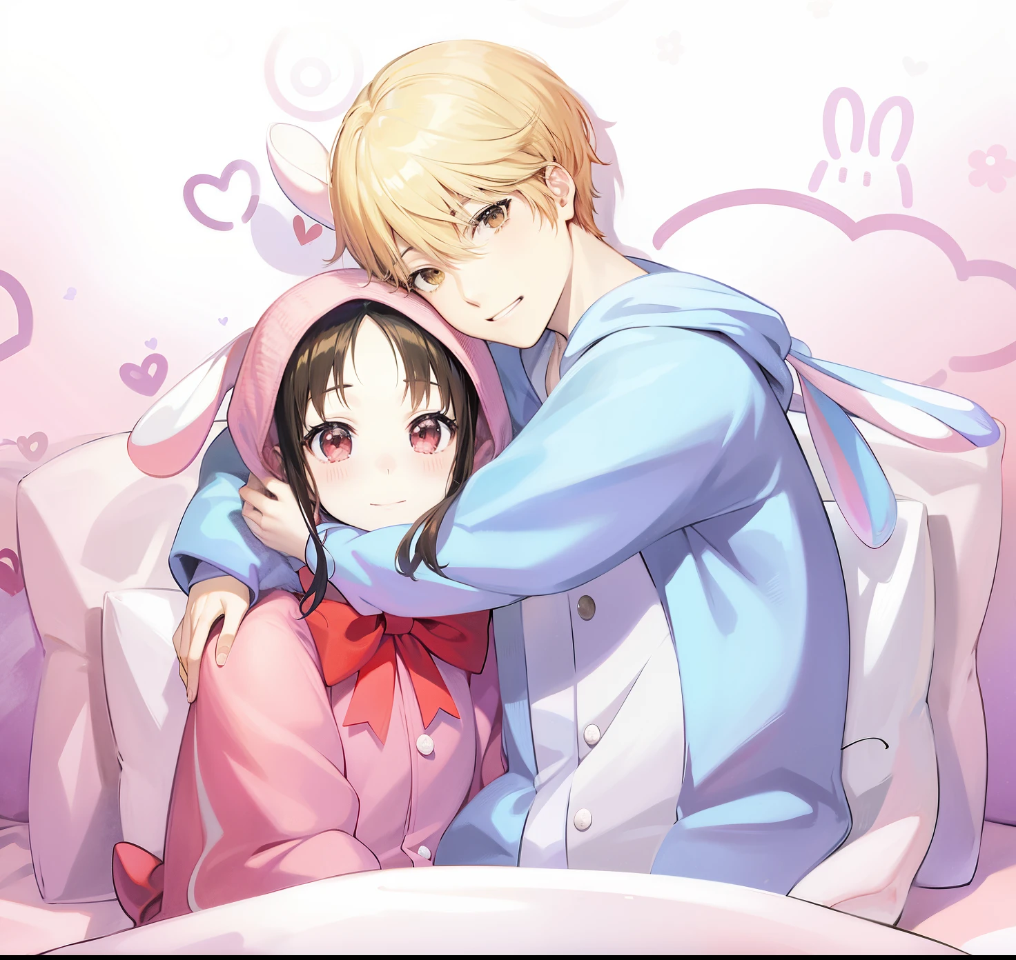 anime couple in bed with pink blanket and hearts in background, shoujo romance, cute anime, official fanart, shoujo manga, top rated on pixiv, soft anime, high quality fanart, Kaguya shinomiya and Miyuki shirogane