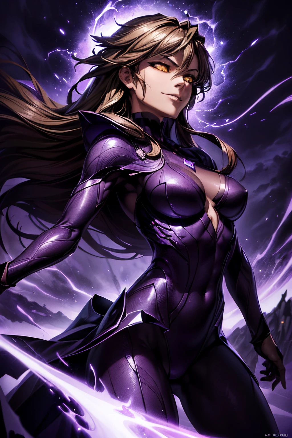 ((masterpiece, best quality, ultra detailed)), ((1man)),((Second Hogyoku Transformation)), (long brown hair), ((white iris, purple sclera)), (serene face), ( (intense gaze, manipulative gaze, scheming smile, shadows)), marked slender body, original outfit ( Second Hogyoku Transformation), purple aura, ((abstract environment, flashes of spiritual energy, detailed illusory patterns, dynamic pose, dynamic angle , dynamic pose, cinematic effect, realistic lighting, realistic effects), swept back bangs, visual distortions, illusions, ethereal effects, glowing blade, dark and vibrant palette