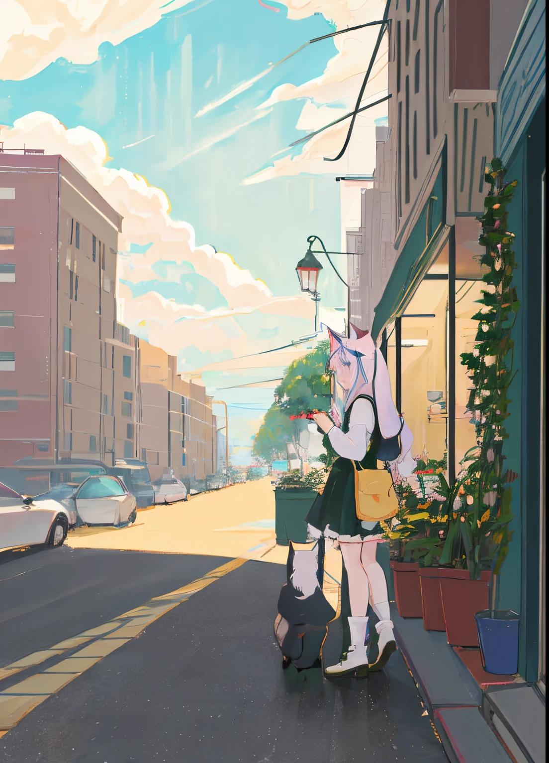 a person with rainbow shoulder length hair with a white cat, cute anime catgirl, anime catgirl, beautiful anime catgirl, anime girl with cat ears, very beautiful anime cat girl, anime moe artstyle, anime cat, anime visual of a cute cat, anime visual of a cute girl, in a cafe with potted plants, scenery of outside the cafe at evening time. Zoom out view.
