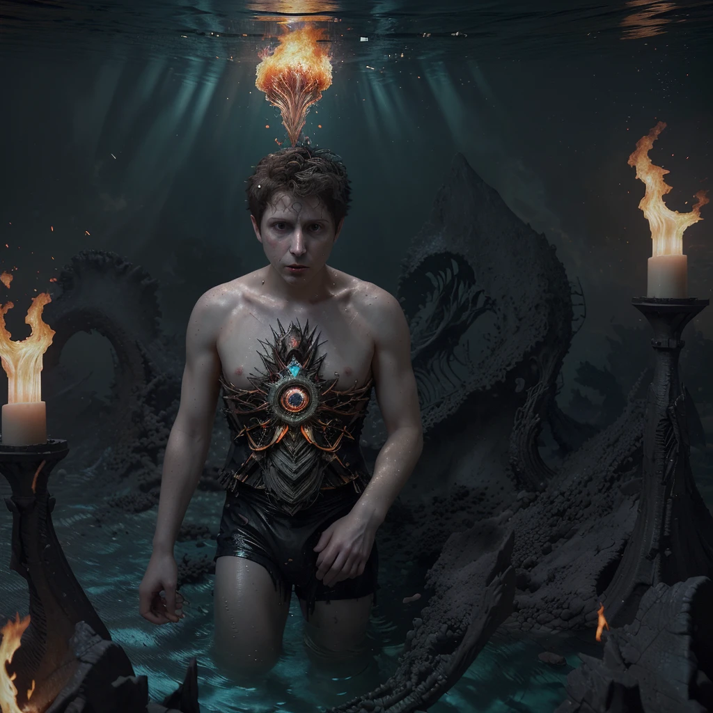 "Behold Sam Altman amidst raging flames, encapsulated within an anime-inspired realm marrying Greg Rutkowski's artistry and Studio Ghibli's enchantment; Exquisite intricate detailing, Shrouded in an underwater enigma, Symmetrical perfection, Deconstructed masterpiece, Conjuring the essence of dark and temperamental still-life art, Unmatched ultra-realism, Night's onset, Crafted within the Unreal Engine's domain."