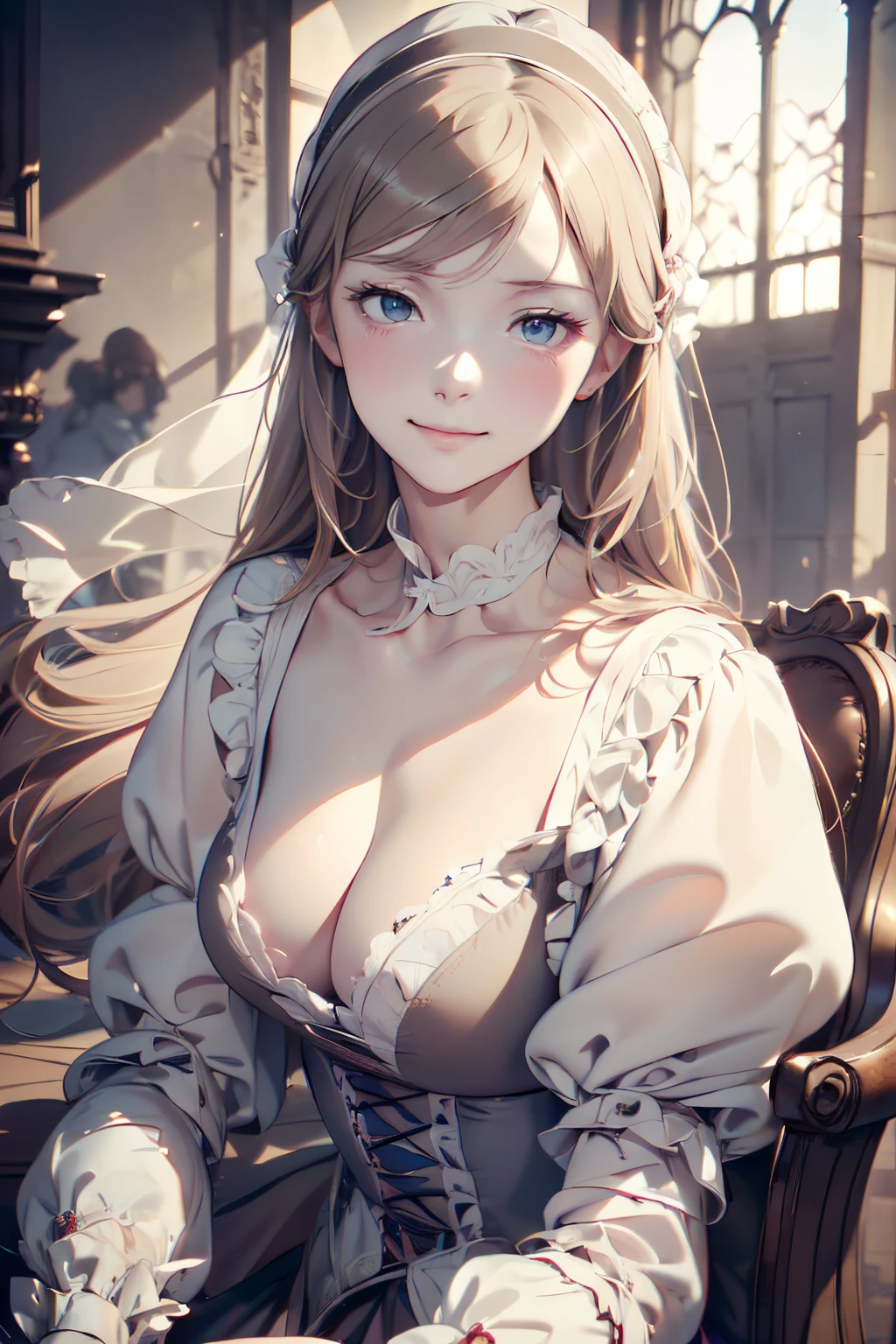 Florence Nightingale, (ballet clothes), sitting in a chair, smiling at the camera, white formal shirt, loose collar buttons, nipple bumps, long loose hair, (delicate illustrations: 1.4), (Renaissance art: 1.4), (ultra high resolution: 1.2), (photorealism: 1.4), (8K, RAW photos: 1.2), (soft focus: 1.4), ( 18 years old: 1.3), (Sharp Focus: 1.4), beautiful face with attention to detail, pure rose face_V1