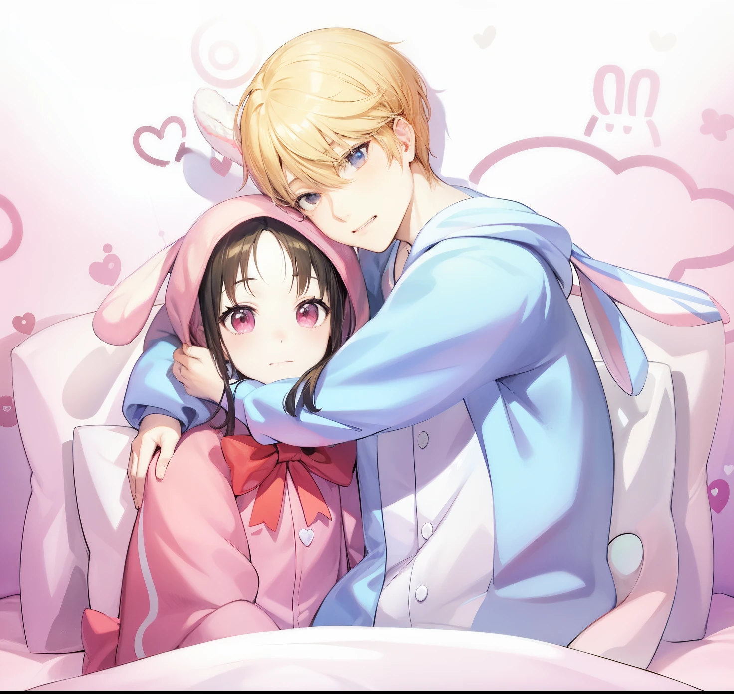 anime couple in bed with pink blanket and hearts in background, shoujo romance, cute anime, official fanart, shoujo manga, top rated on pixiv, soft anime, high quality fanart, Kaguya shinomiya and Miyuki shirogane