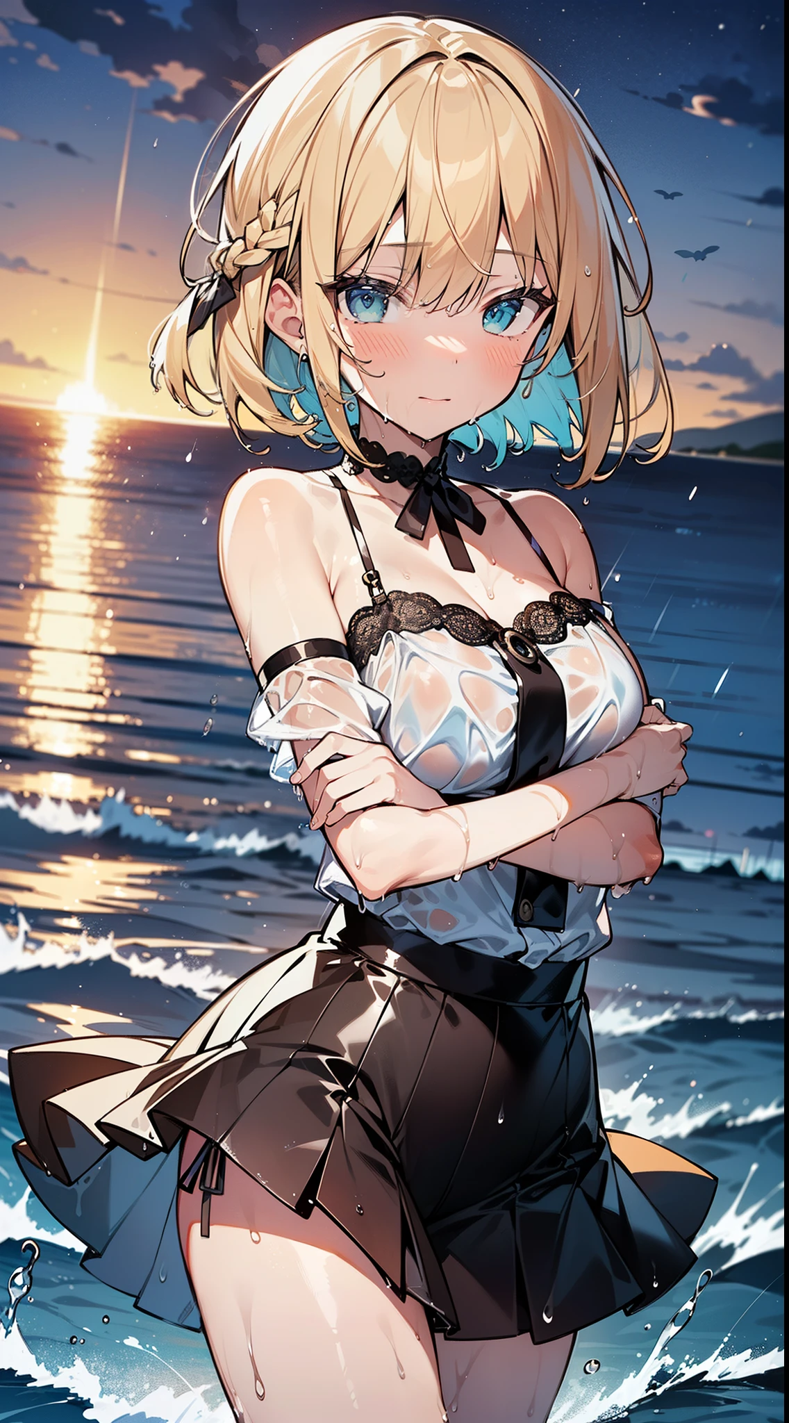 masutepiece, Best Quality,Illustration, Wallpaper, Ultra Detail, absurderes, 1girl in, Solo, (Medium short hair、short braided hair、a blond), Beautiful detailed eyes, beautiful detailed fingers,with blush cheeks,after rain , (ocean type:1.3), Night sky after rain, Hair that flutters in the wind,(a panoramic view:1.3),(Sense of depth:1.5),(longshot:1.3)、natta,(dark sky) ,(starrysky),White blouse, (shoulders can be seen:1.3), (Wet:1.2), (with thin ribbon), Short pleated skirt, (Flowing in the wind:1.3), (I can see the string panties:1.2), arms visible, clean breasts, large full breasts, neck visible, collarbone visible, are visible, The nipple is visible, I can see your elbow,thigh visible, The crotch is visible, buttocks visible, (Wet)