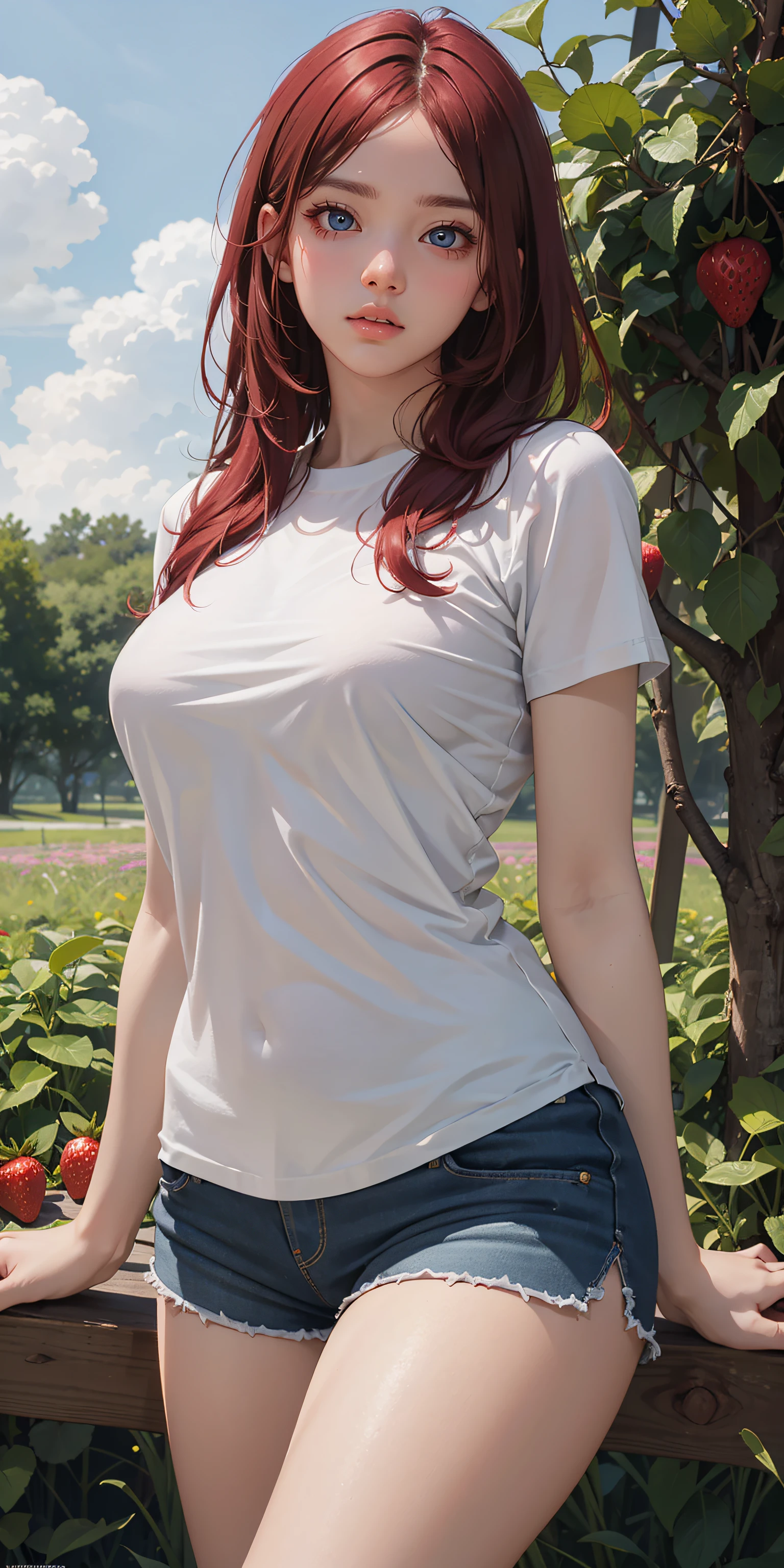 (masterpiece, best quality, ultra-detailed, 8k wallpaper, photorealistic), 1 girl, curvaceous but slender body, red hair, green eyes, wearing a white shirt and shorts, ((shy expression)), strawberry field with elaborate details and lush vegetations, bright sky