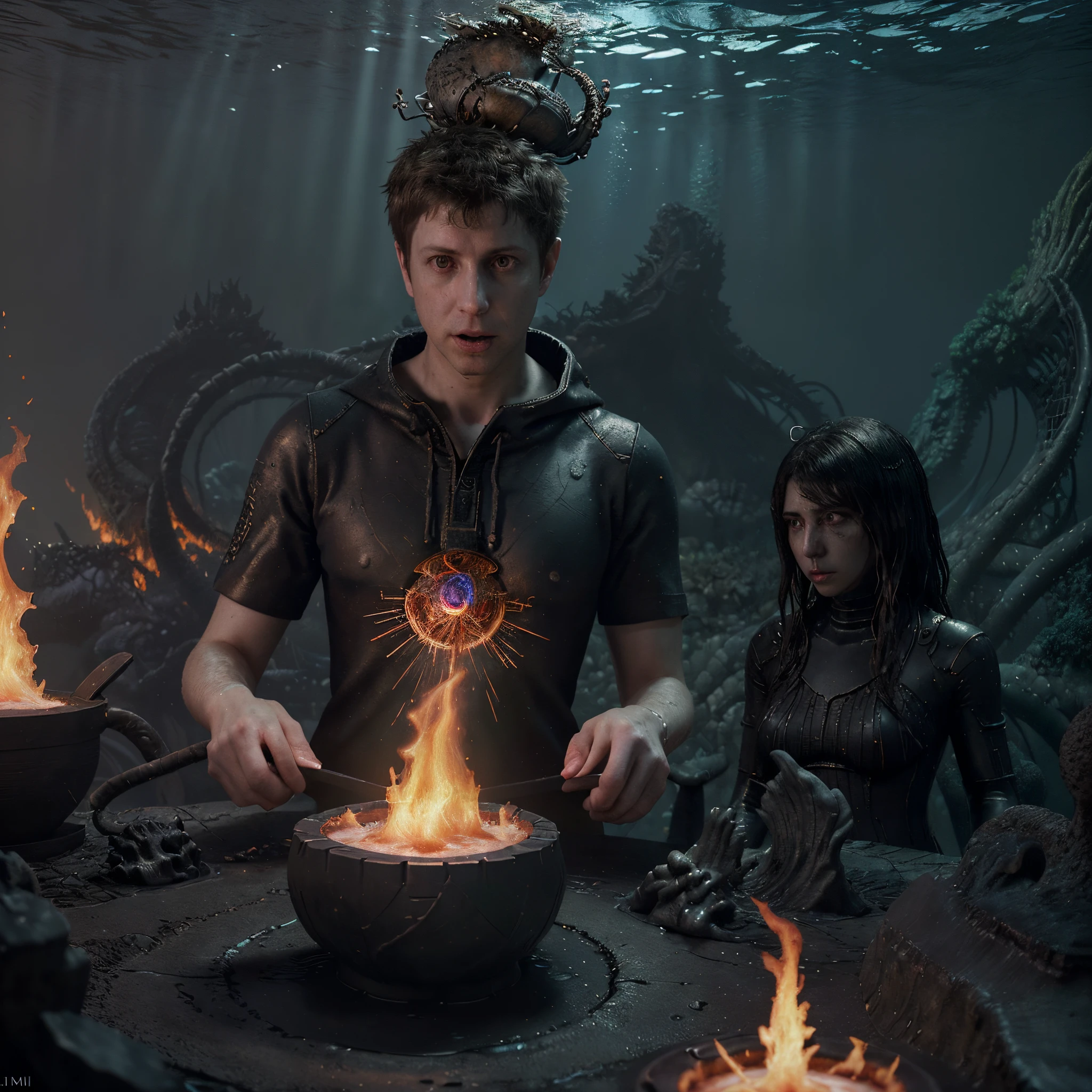 "Behold Sam Altman amidst raging flames, encapsulated within an anime-inspired realm marrying Greg Rutkowski's artistry and Studio Ghibli's enchantment; Exquisite intricate detailing, Shrouded in an underwater enigma, Symmetrical perfection, Deconstructed masterpiece, Conjuring the essence of dark and temperamental still-life art, Unmatched ultra-realism, Night's onset, Crafted within the Unreal Engine's domain."